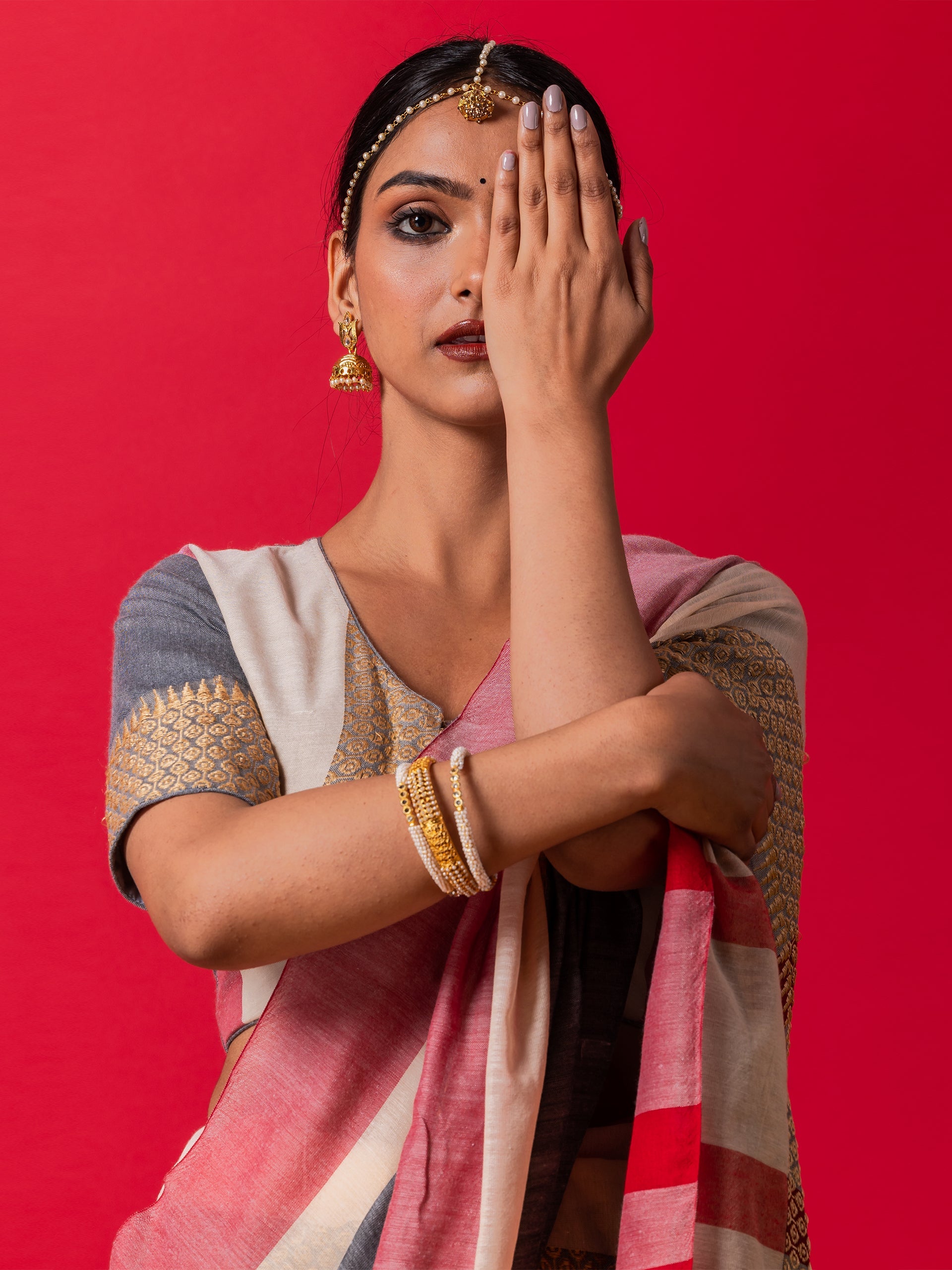 Grey Ivory and Red Stripe Soft Khadi Handloom Saree