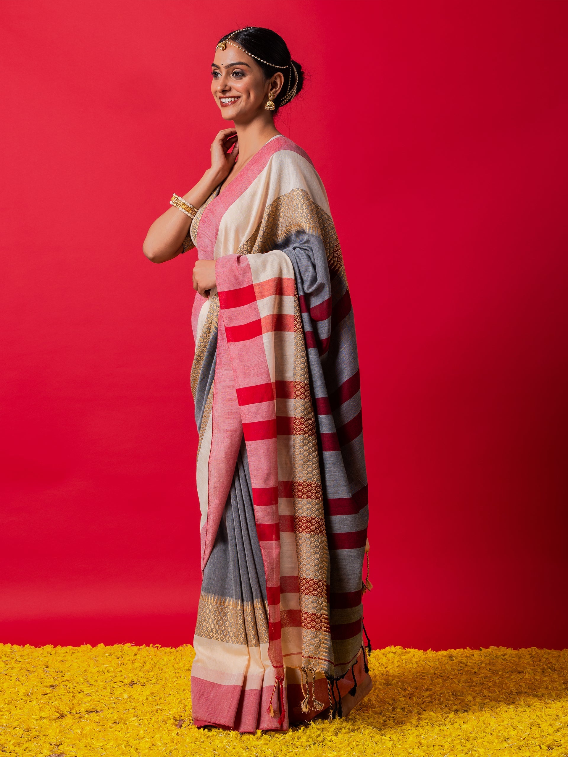 Grey Ivory and Red Stripe Soft Khadi Handloom Saree