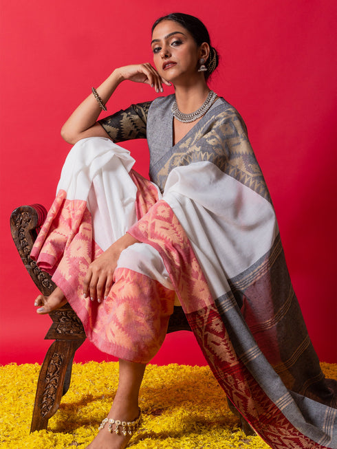White Ghoomar Ganga Yamuna Cotton Saree with Blouse Fabric