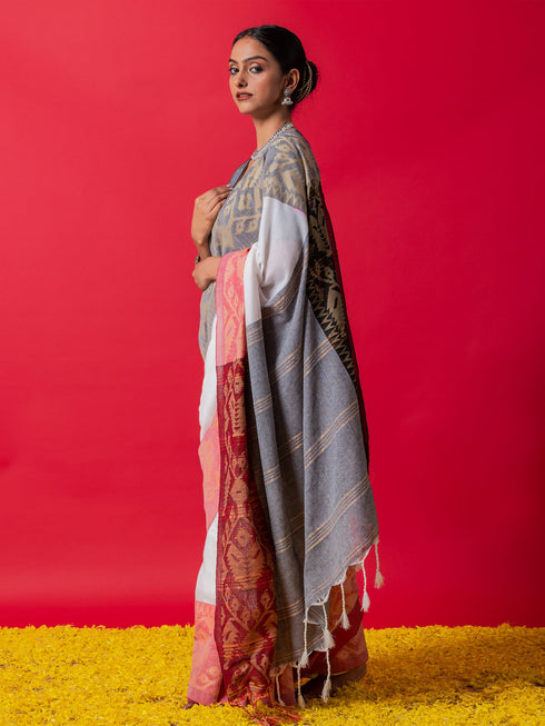 White Ghoomar Ganga Yamuna Cotton Saree with Blouse Fabric