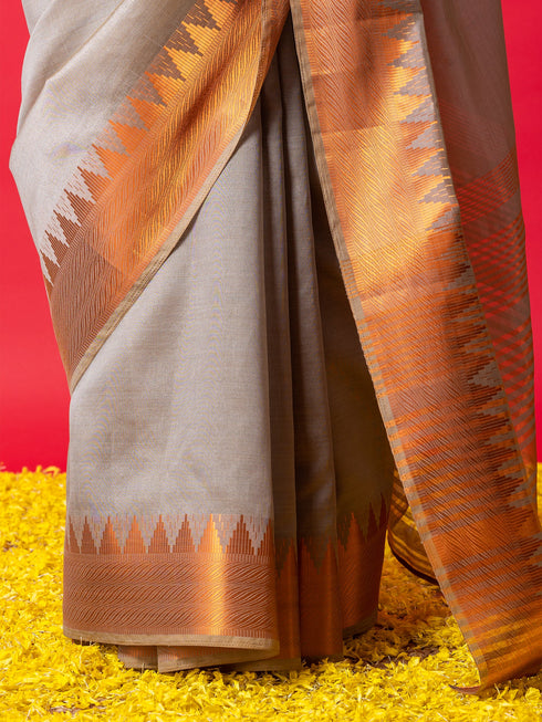 Kansya Grey Temple Saree with Blouse Fabric