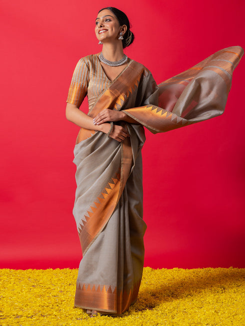 Kansya Grey Temple Saree with Blouse Fabric
