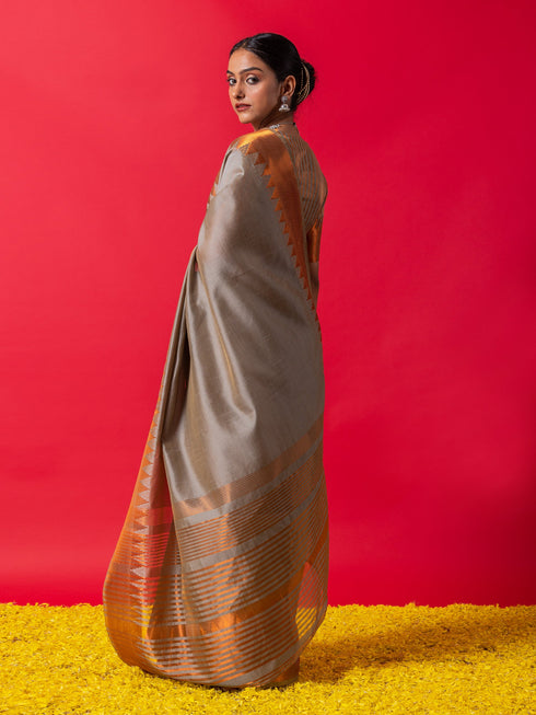 Kansya Grey Temple Saree with Blouse Fabric