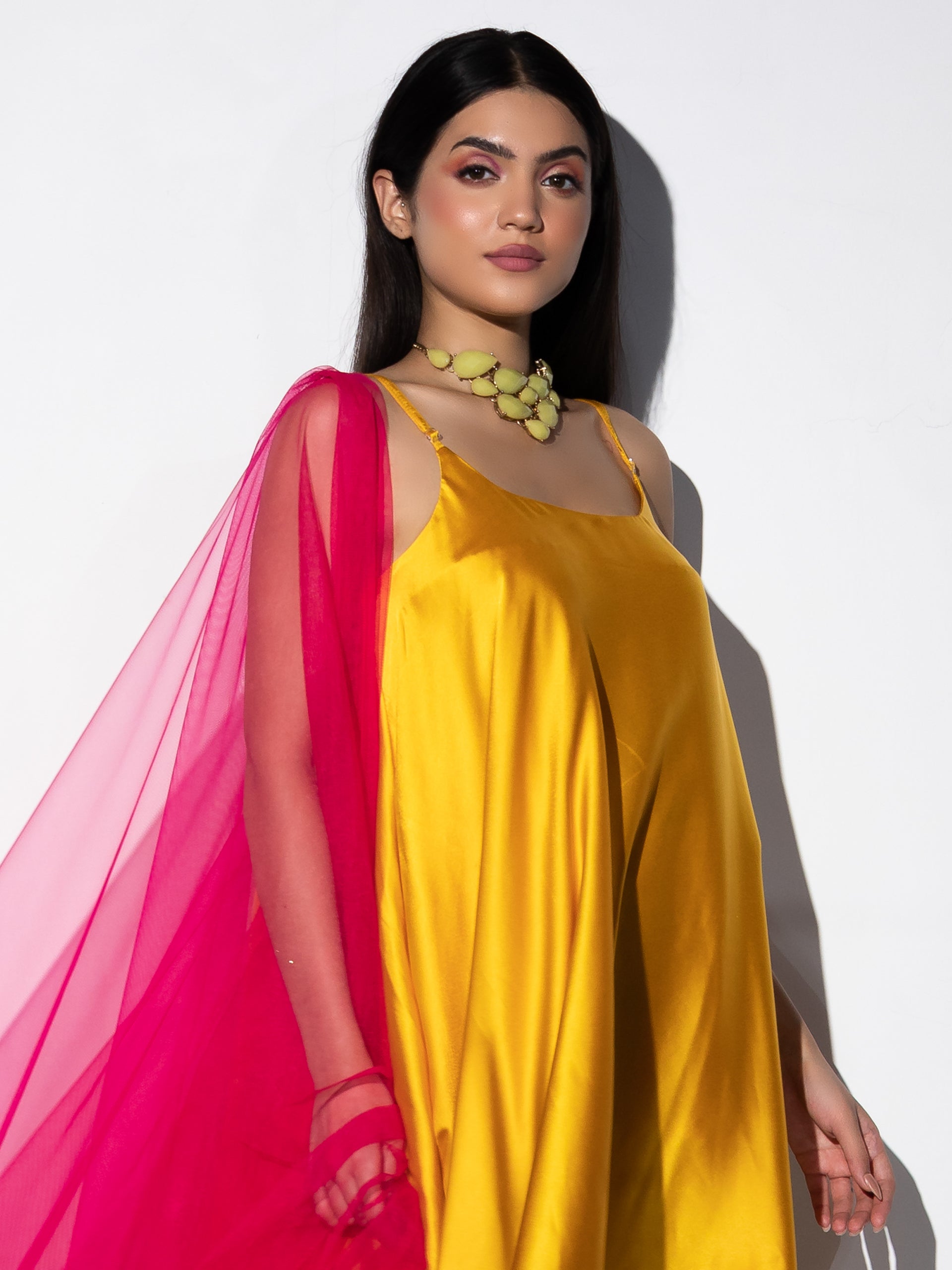 Women's Yellow Satin Dress with Pants and Net Dupatta with Lace 3 Piece Set | A-Line, Round Neck, Sleeveless, Pants, Partywear, (Satin)