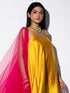 3pcs. Set | Yellow Satin Dress, Pants and Net Dupatta with Lace