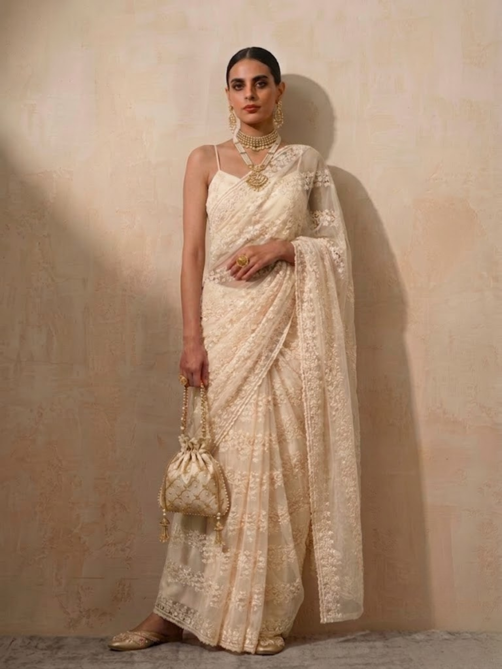 Cream Stripe Lace Saree with Sequin and Blouse Fabric