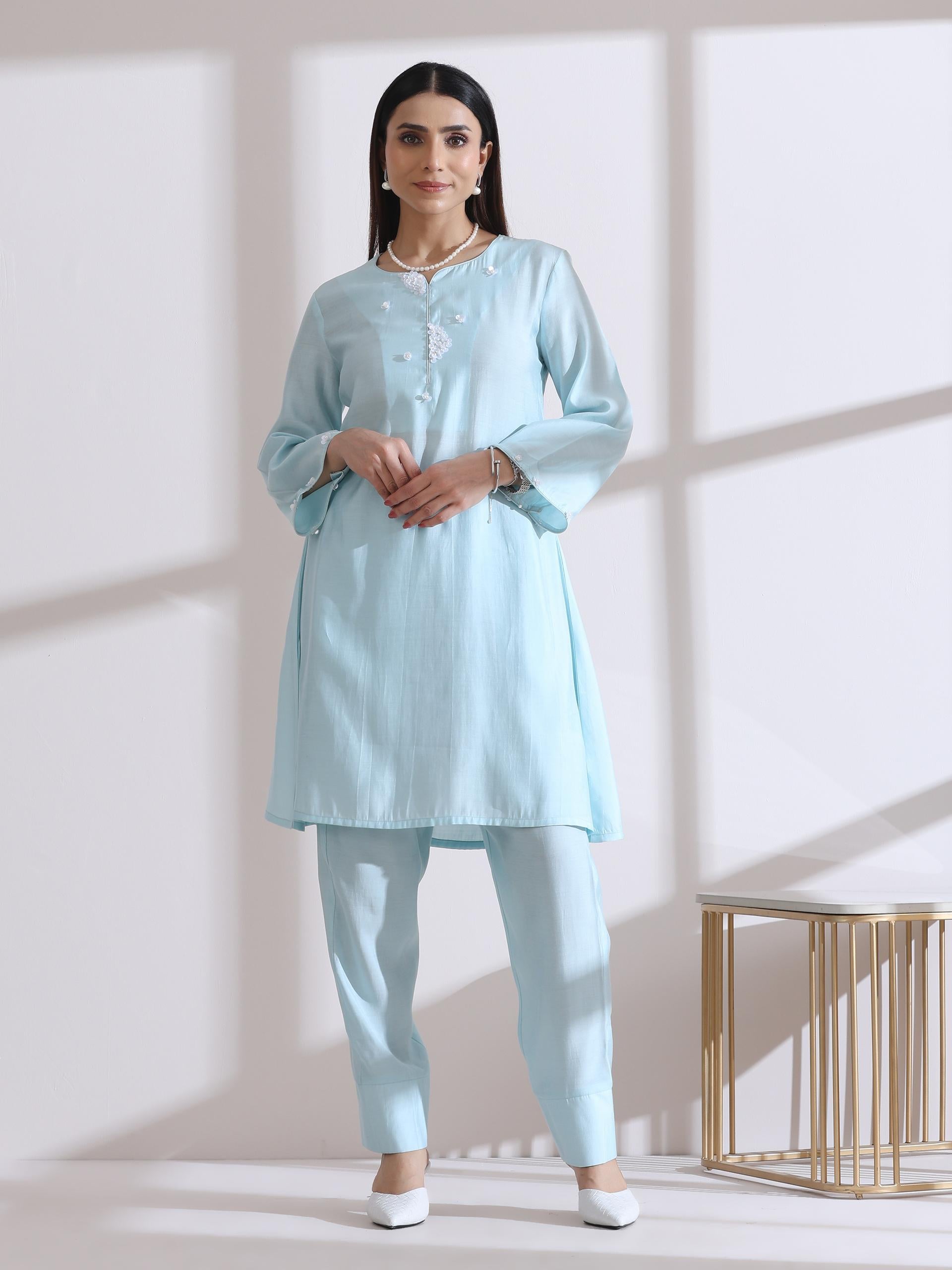 Women's Light Blue Kurta with White Flowers and Pants 2 Piece Set | A-Line, Round Neck, 3/4 Sleeves, Work Wear (AirSkin Cotton Silk Blend)