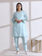 Women's Light Blue Kurta with White Flowers and Pants 2 Piece Set | A-Line, Round Neck, 3/4 Sleeves, Work Wear (AirSkin Cotton Silk Blend)