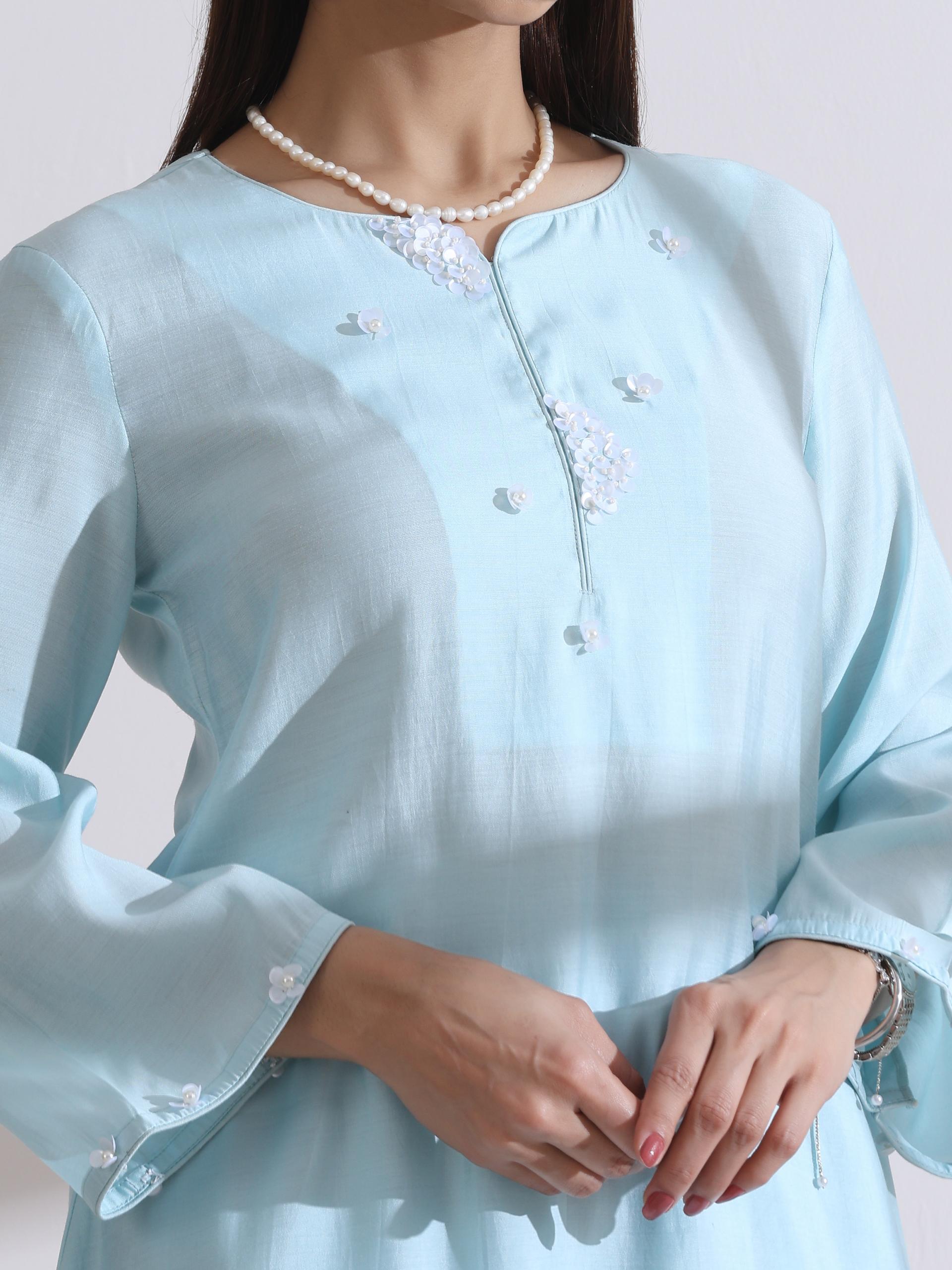 Women's Light Blue Kurta with White Flowers and Pants 2 Piece Set | A-Line, Round Neck, 3/4 Sleeves, Work Wear (AirSkin Cotton Silk Blend)