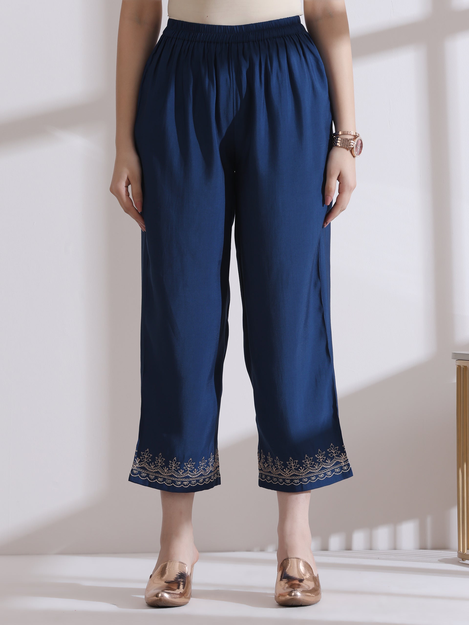 Women's Navy Blue Kurta with Embroidery on Top and Pants 2 Piece Set | A-Line, U Neck, Sleeveless, Pants, Work Wear, Casual (AirSkin Cotton Silk Blend)