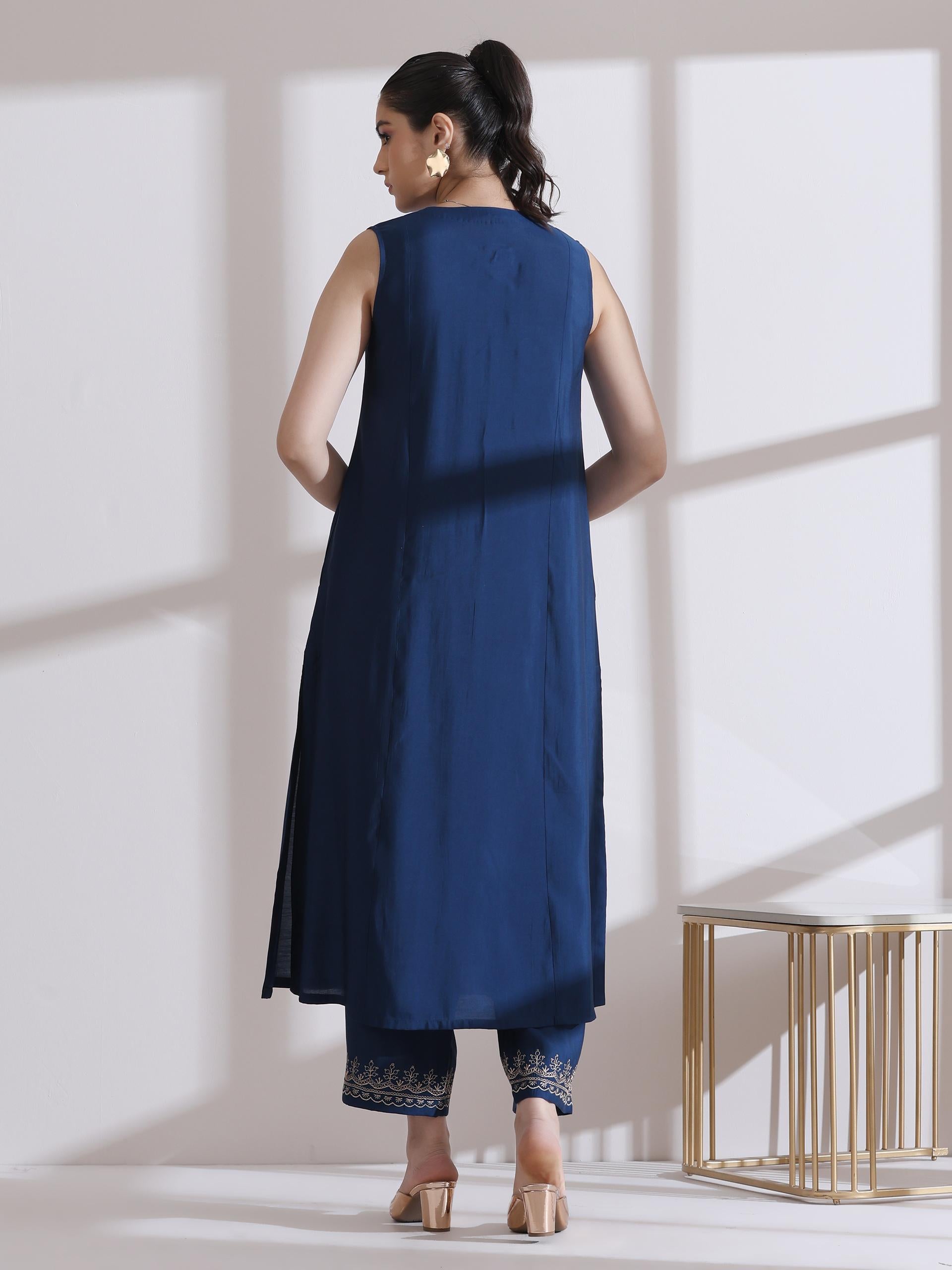 Women's Navy Blue Kurta with Embroidery on Top and Pants 2 Piece Set | A-Line, U Neck, Sleeveless, Pants, Work Wear, Casual (AirSkin Cotton Silk Blend)