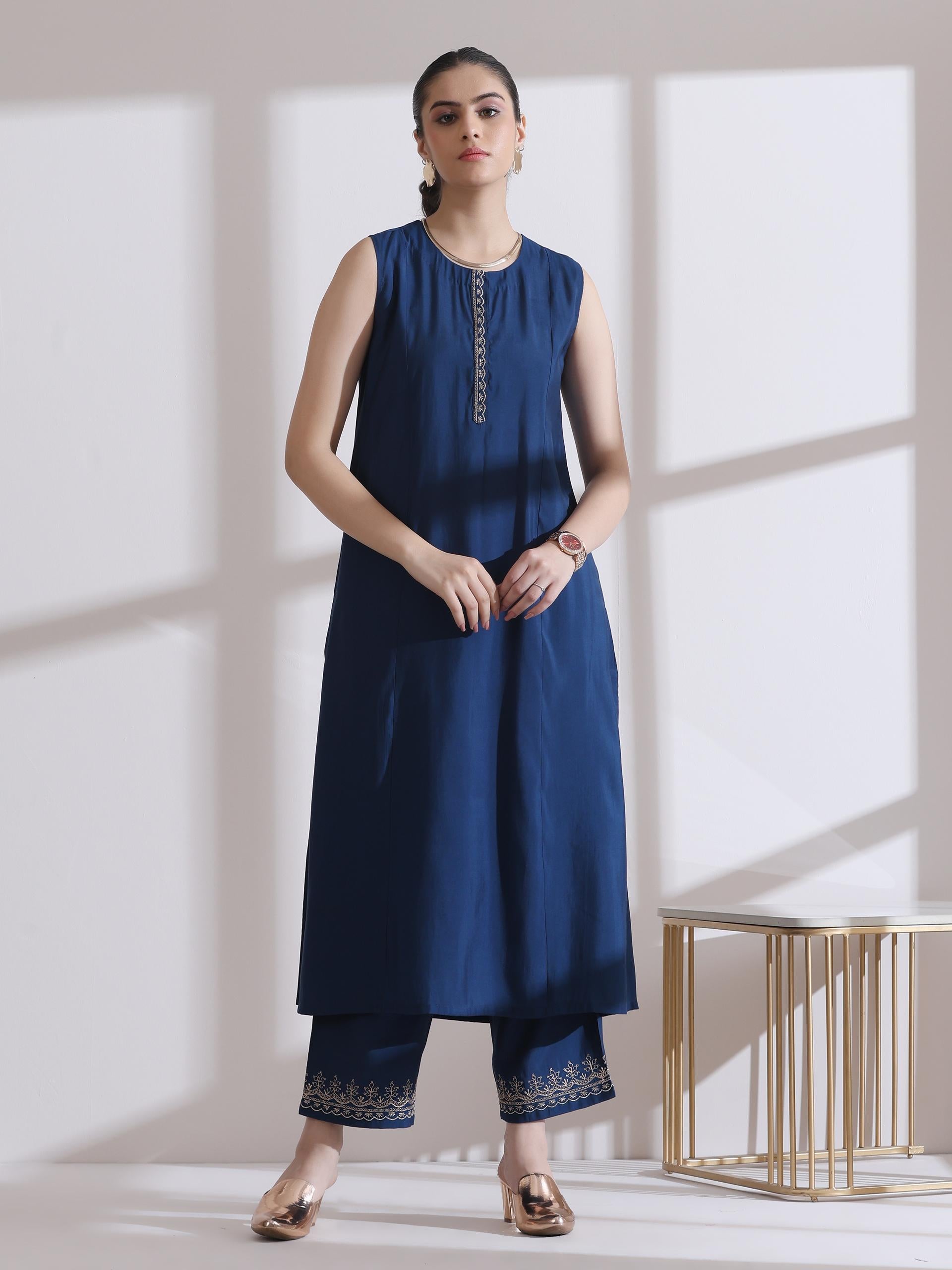 Women's Navy Blue Kurta with Embroidery on Top and Pants 2 Piece Set | A-Line, U Neck, Sleeveless, Pants, Work Wear, Casual (AirSkin Cotton Silk Blend)
