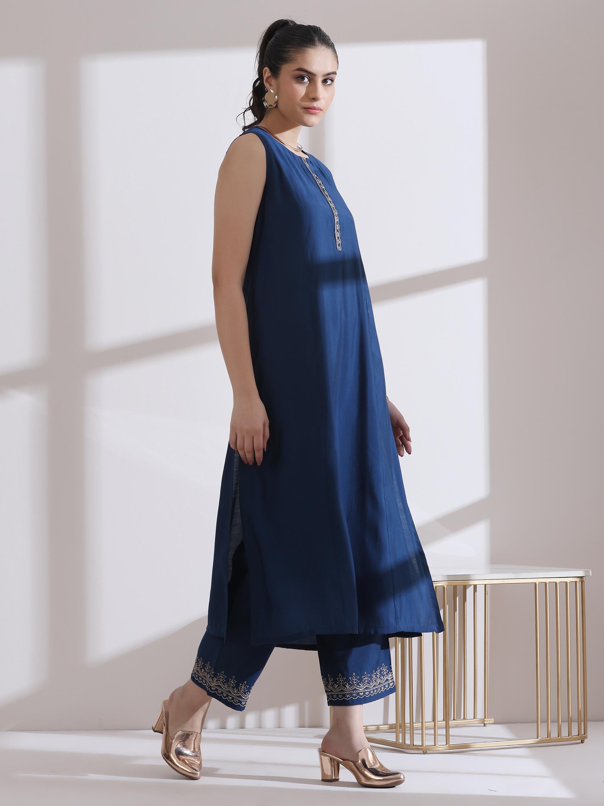 Women's Navy Blue Kurta with Embroidery on Top and Pants 2 Piece Set | A-Line, U Neck, Sleeveless, Pants, Work Wear, Casual (AirSkin Cotton Silk Blend)