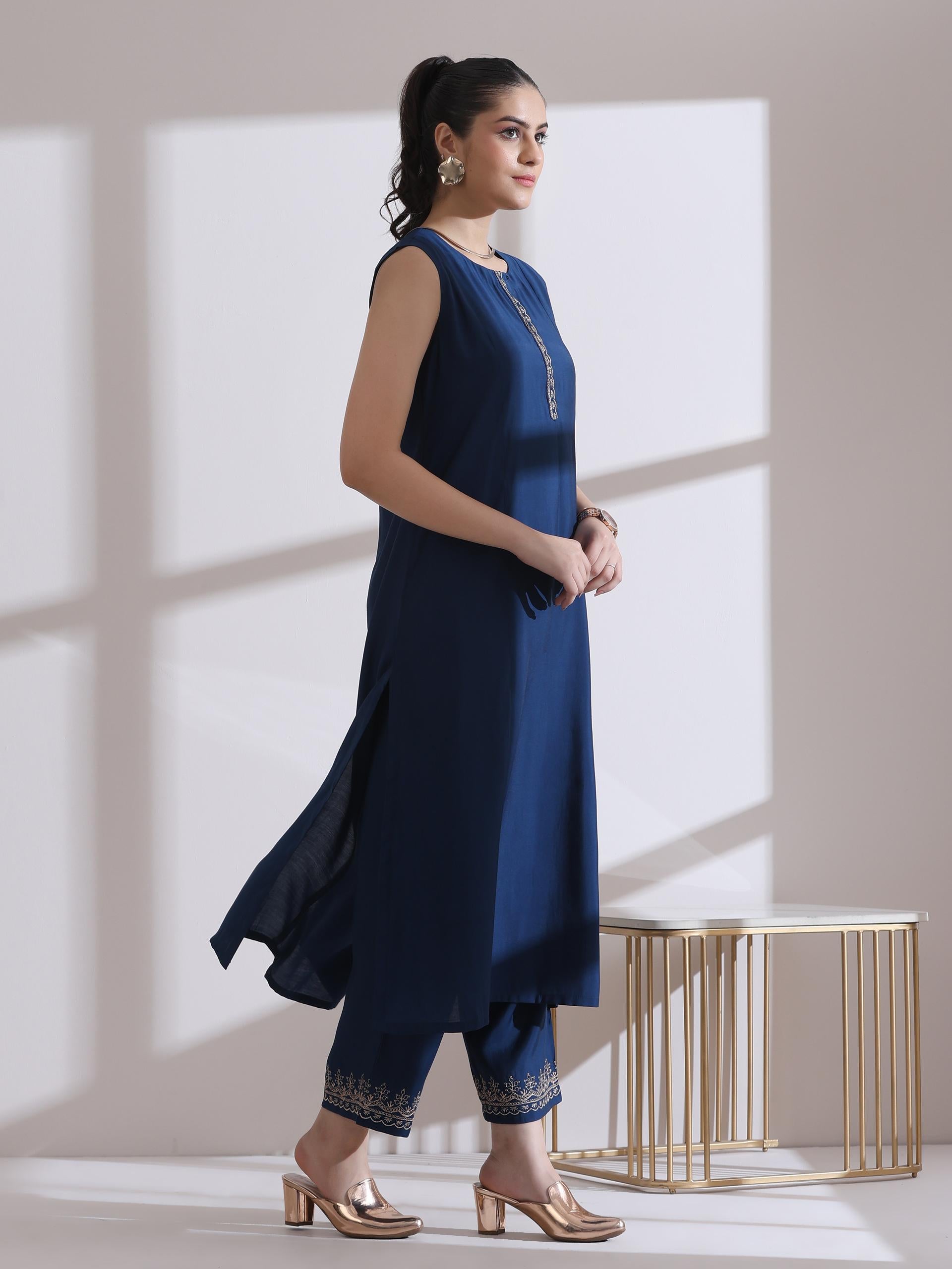 Women's Navy Blue Kurta with Embroidery on Top and Pants 2 Piece Set | A-Line, U Neck, Sleeveless, Pants, Work Wear, Casual (AirSkin Cotton Silk Blend)