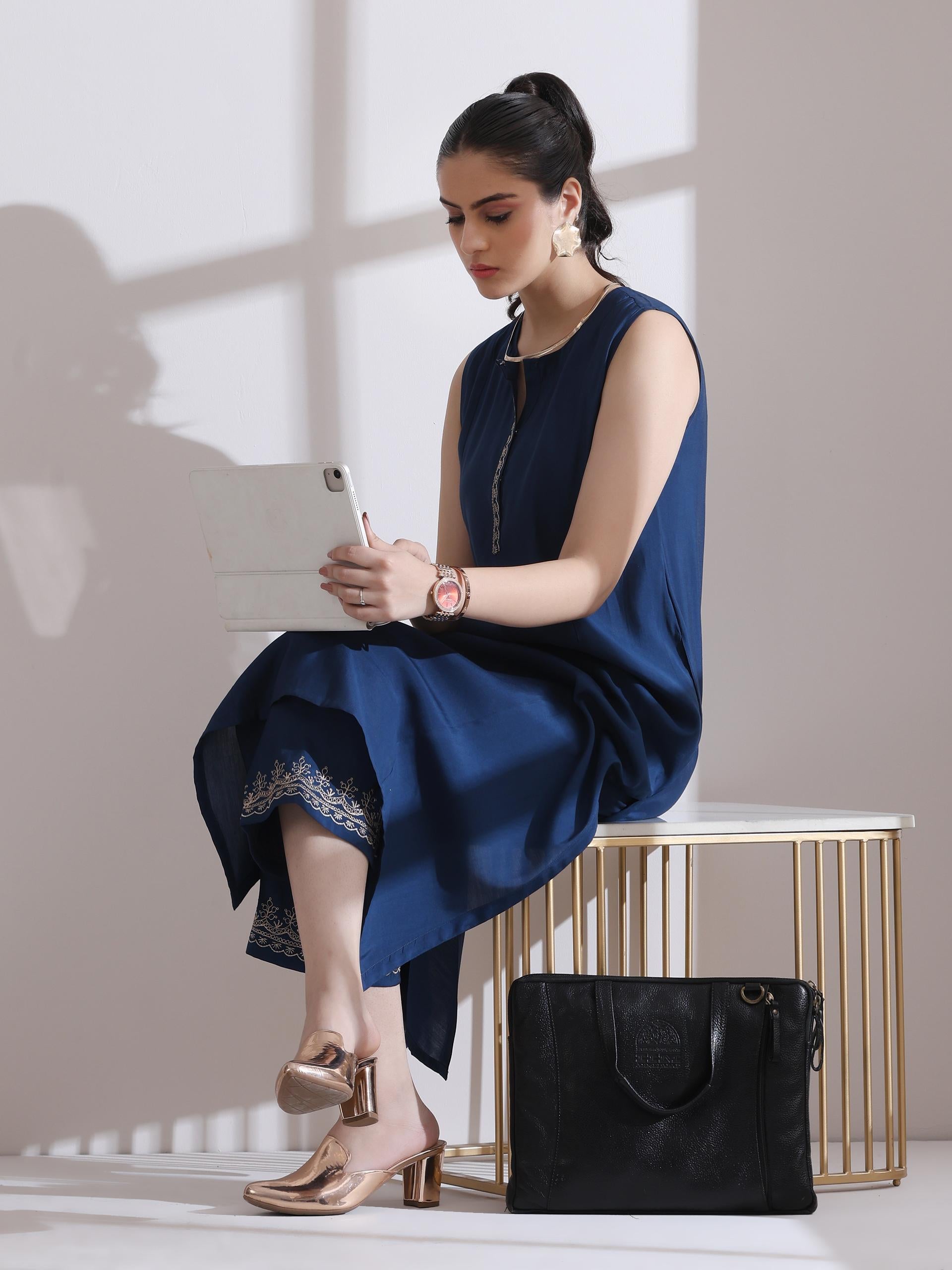 Women's Navy Blue Kurta with Embroidery on Top and Pants 2 Piece Set | A-Line, U Neck, Sleeveless, Pants, Work Wear, Casual (AirSkin Cotton Silk Blend)