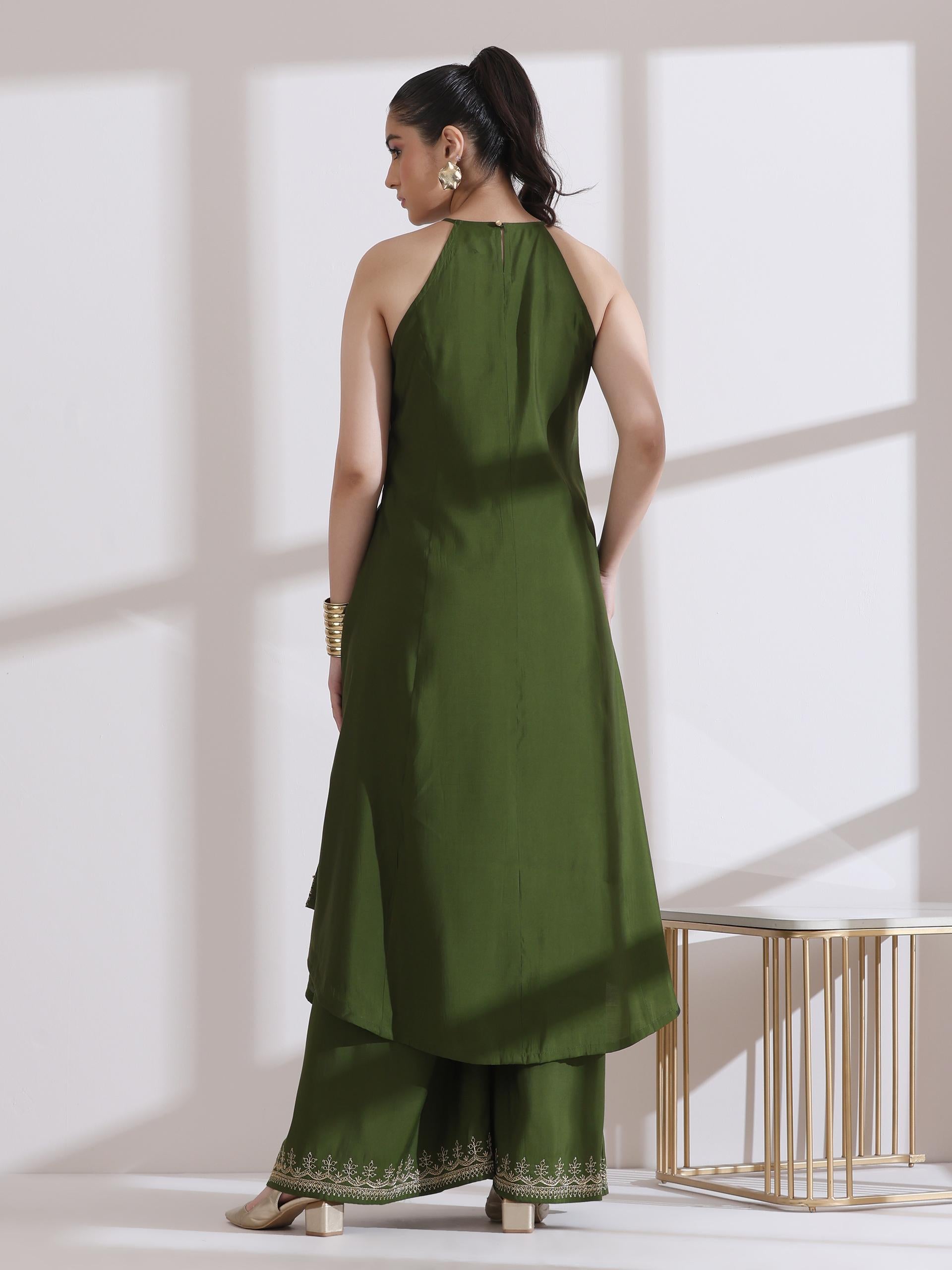 Women's Mehndi Green Halter Kurta with Embroidery and Palazzo 2 Piece Set | Straight Fit, Halter Neck, Sleeveless, Festive Wear, Casual (AirSkin Cotton Silk Blend)