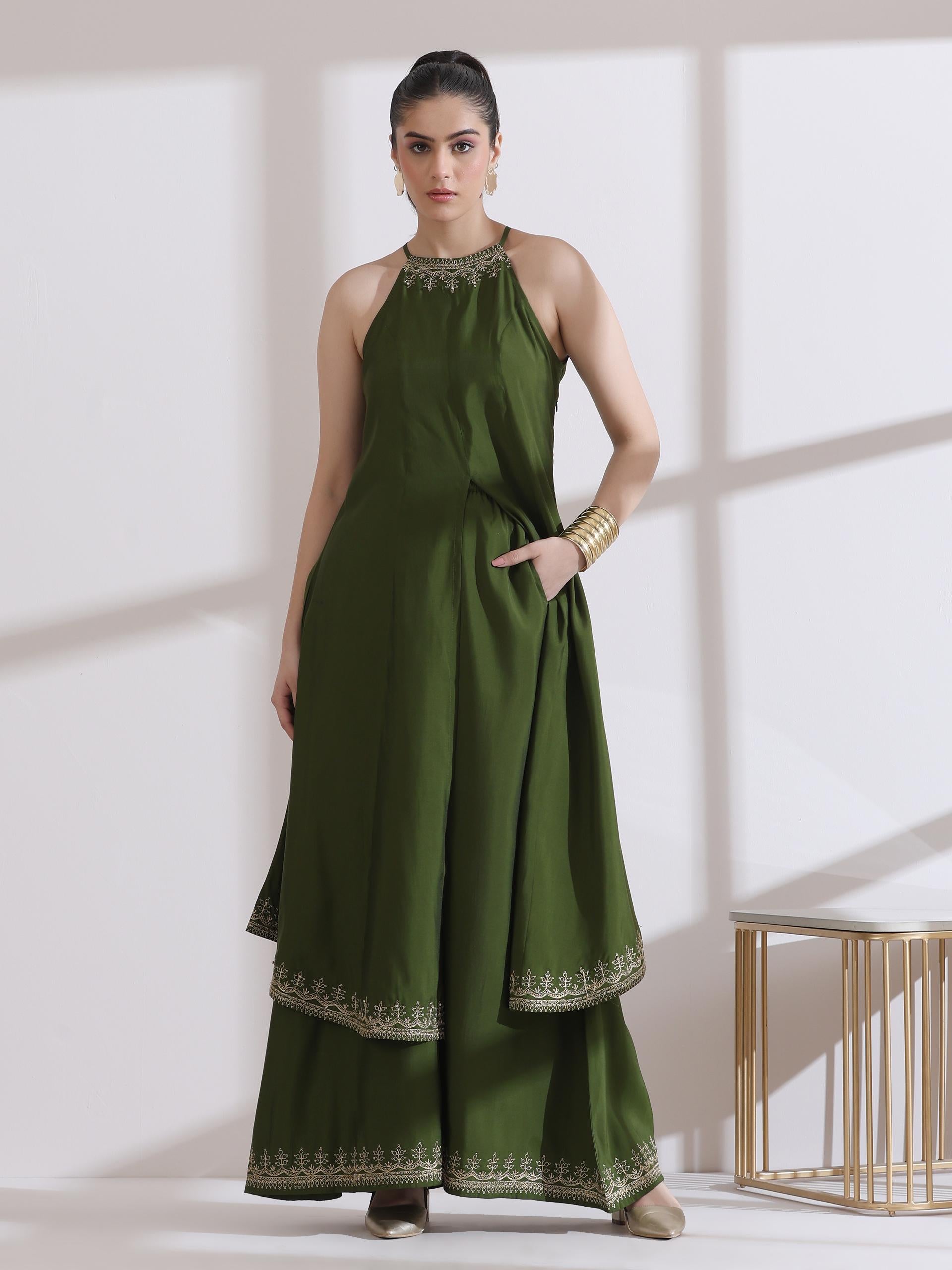 Women's Mehndi Green Halter Kurta with Embroidery and Palazzo 2 Piece Set | Straight Fit, Halter Neck, Sleeveless, Festive Wear, Casual (AirSkin Cotton Silk Blend)