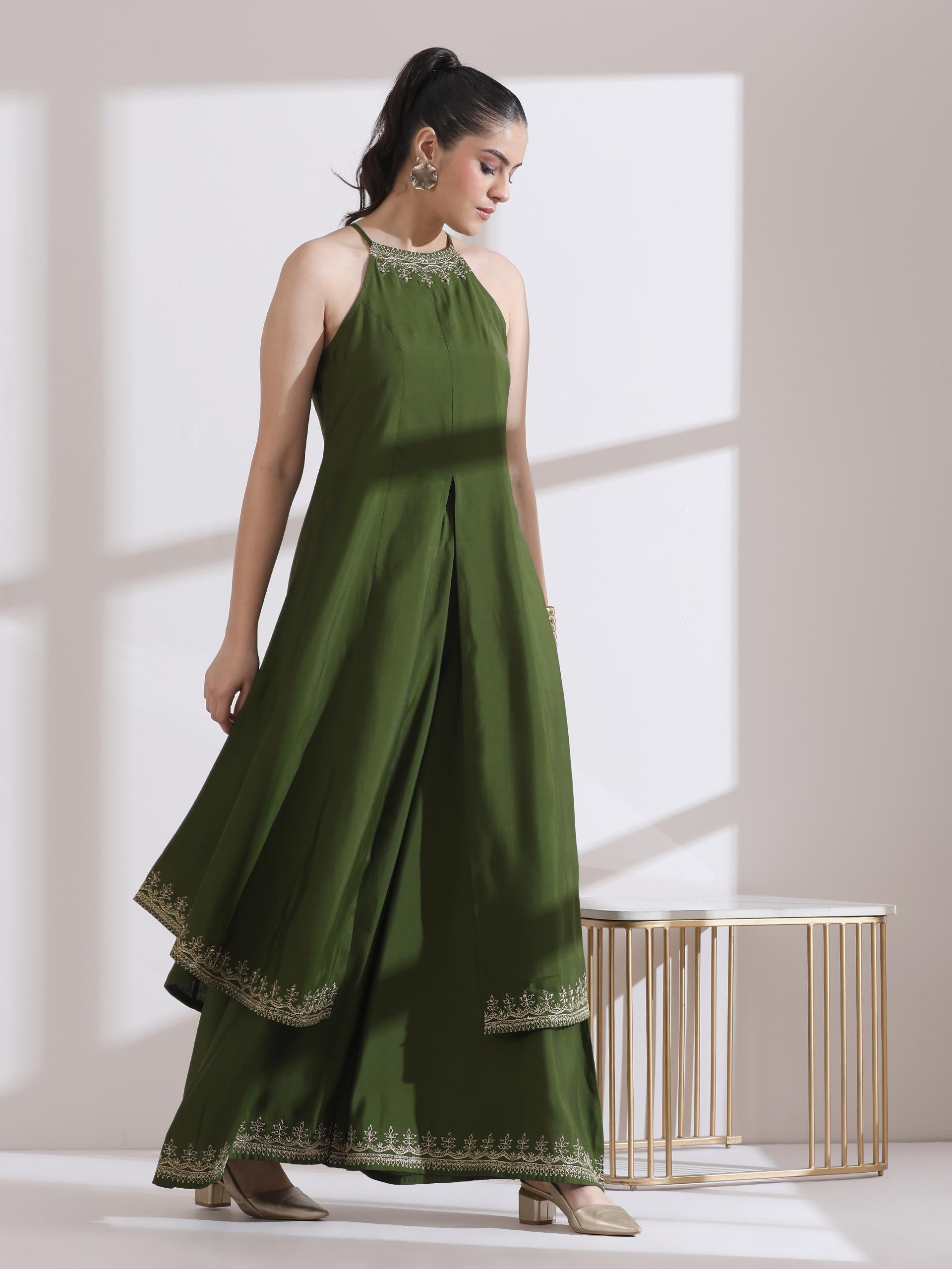 Women's Mehndi Green Halter Kurta with Embroidery and Palazzo 2 Piece Set | Straight Fit, Halter Neck, Sleeveless, Festive Wear, Casual (AirSkin Cotton Silk Blend)