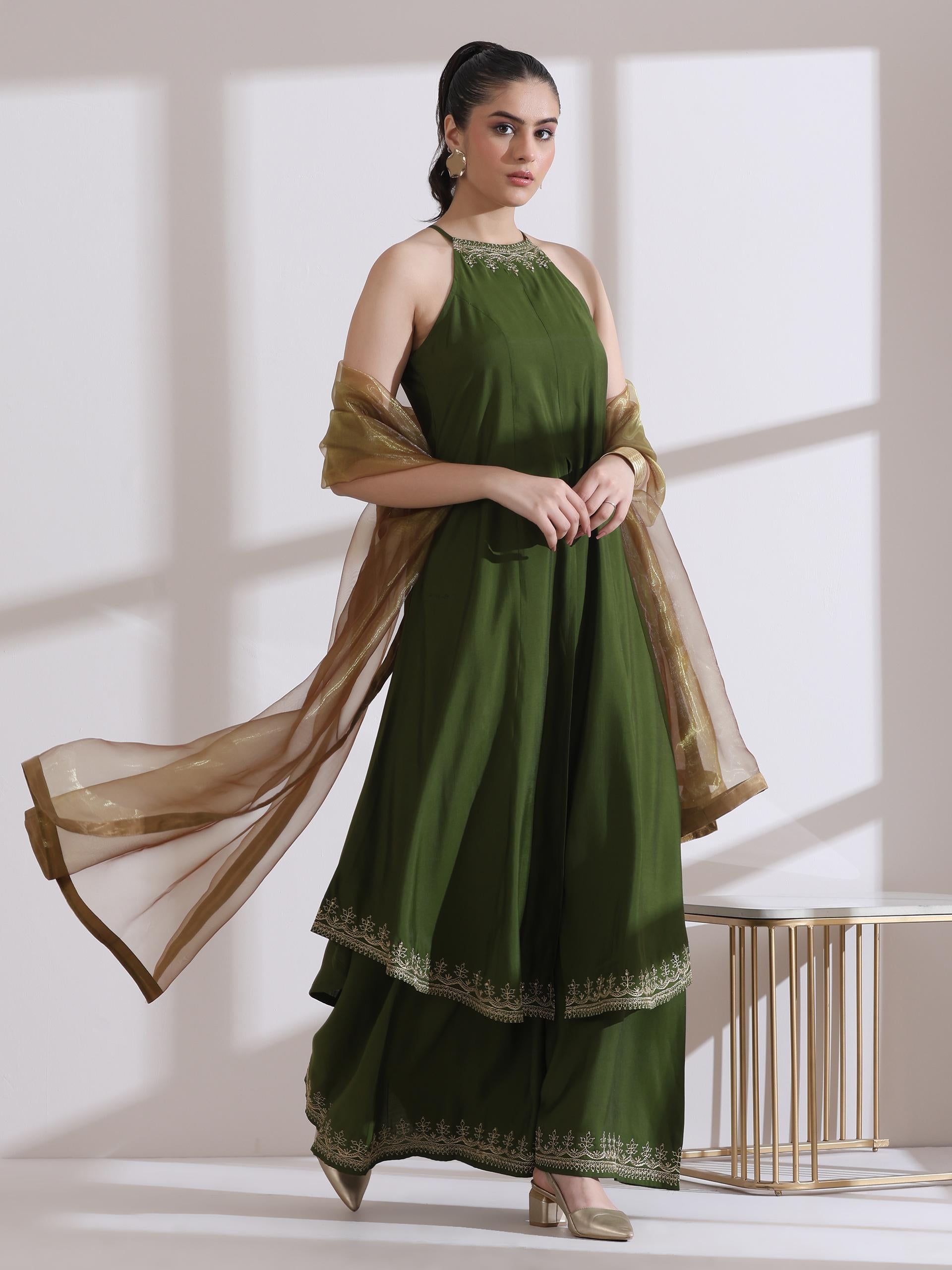 Women's Mehndi Green Halter Kurta with Embroidery and Palazzo 2 Piece Set | Straight Fit, Halter Neck, Sleeveless, Festive Wear, Casual (AirSkin Cotton Silk Blend)