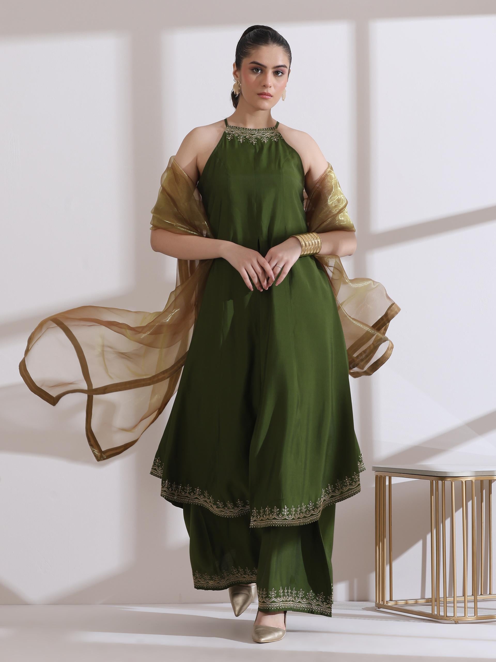 Women's Mehndi Green Halter Kurta with Embroidery and Palazzo 2 Piece Set | Straight Fit, Halter Neck, Sleeveless, Festive Wear, Casual (AirSkin Cotton Silk Blend)