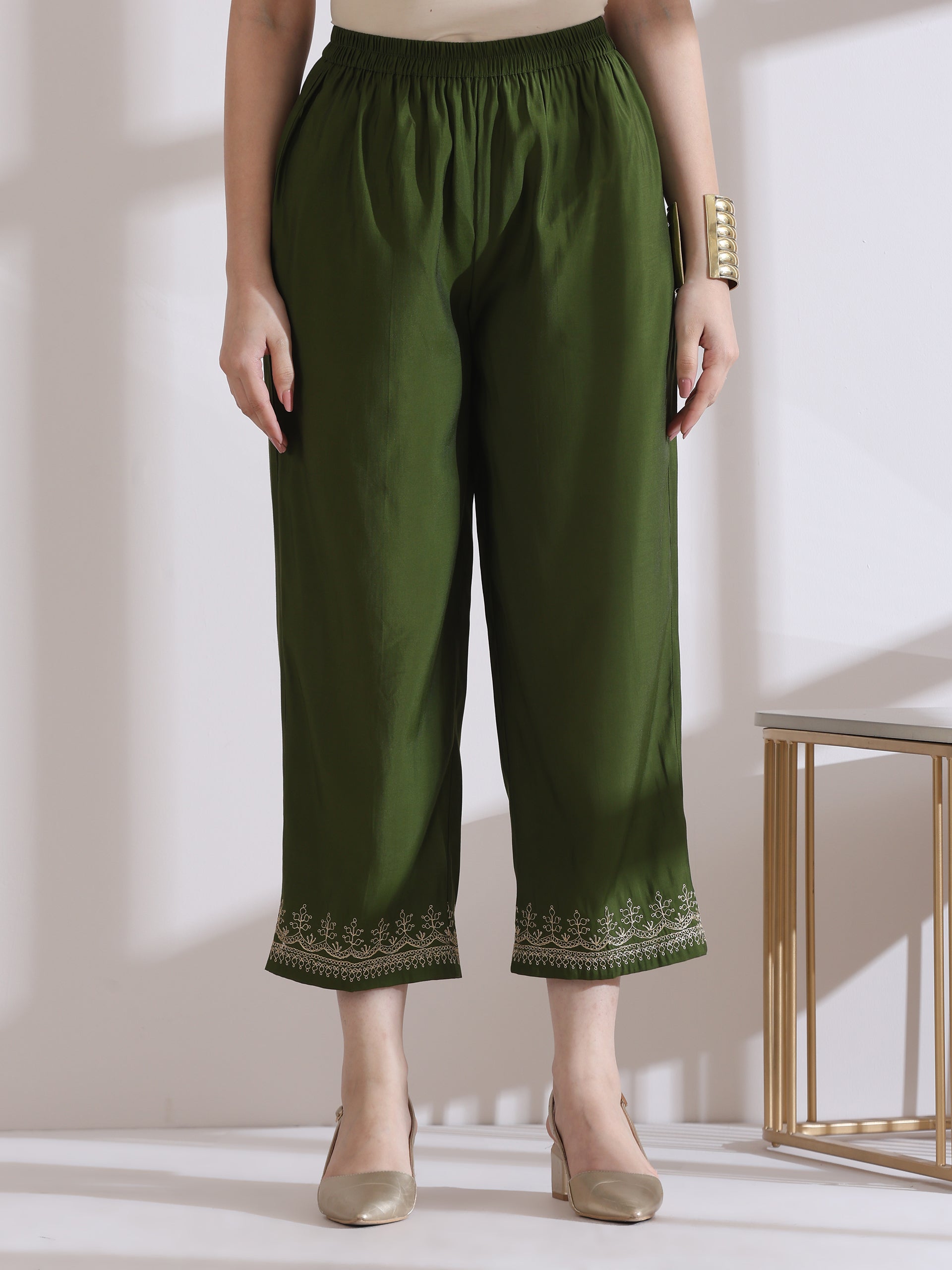 Women's Mehndi Green Kurta with Embroidery on Kurta and Pants 2 Piece Set | A-Line, Round Neck, 3/4 Sleeves, Work Wear, (AirSkin Cotton Silk Blend)