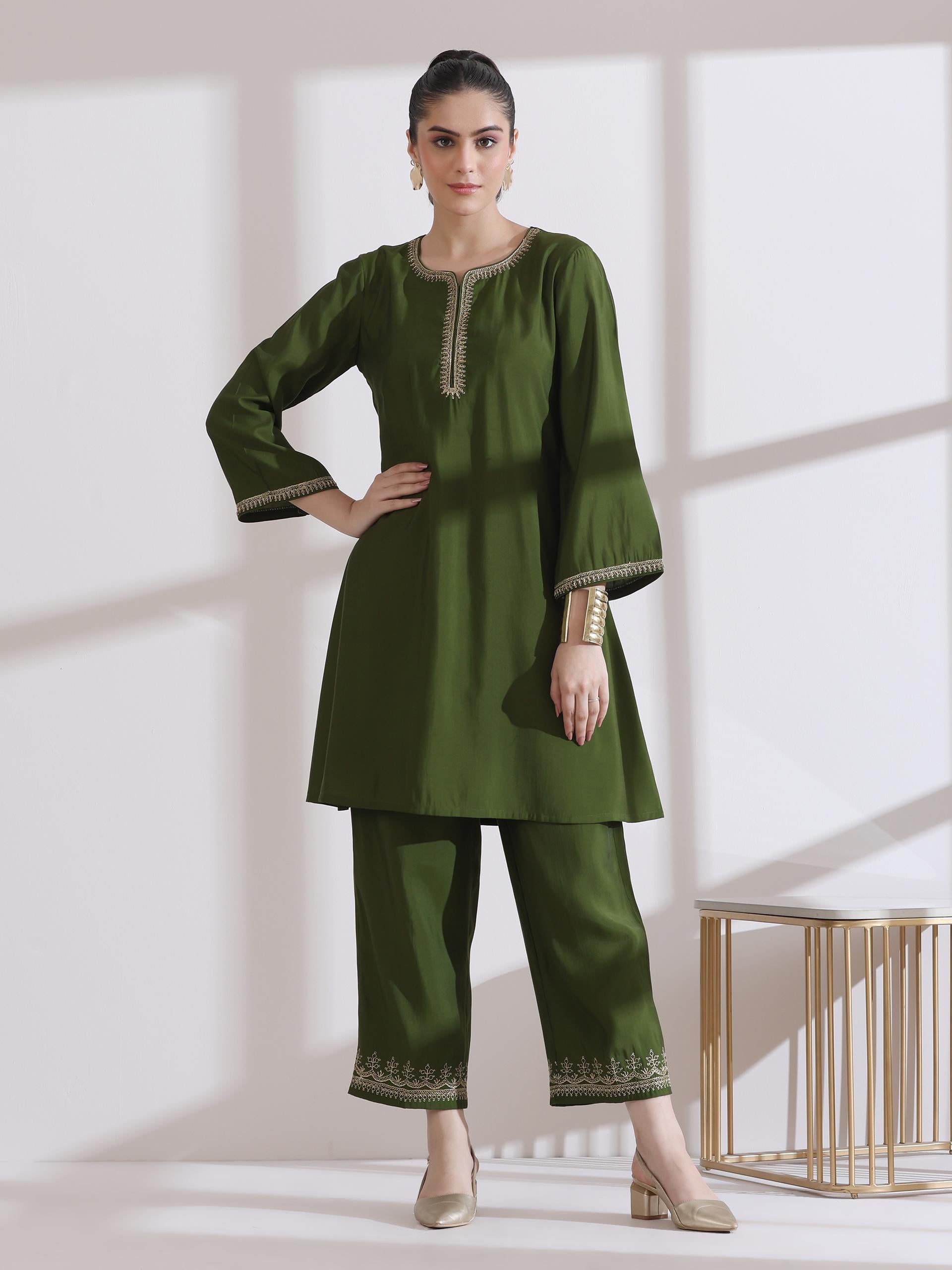 Women's Mehndi Green Kurta with Embroidery on Kurta and Pants 2 Piece Set | A-Line, Round Neck, 3/4 Sleeves, Work Wear, (AirSkin Cotton Silk Blend)