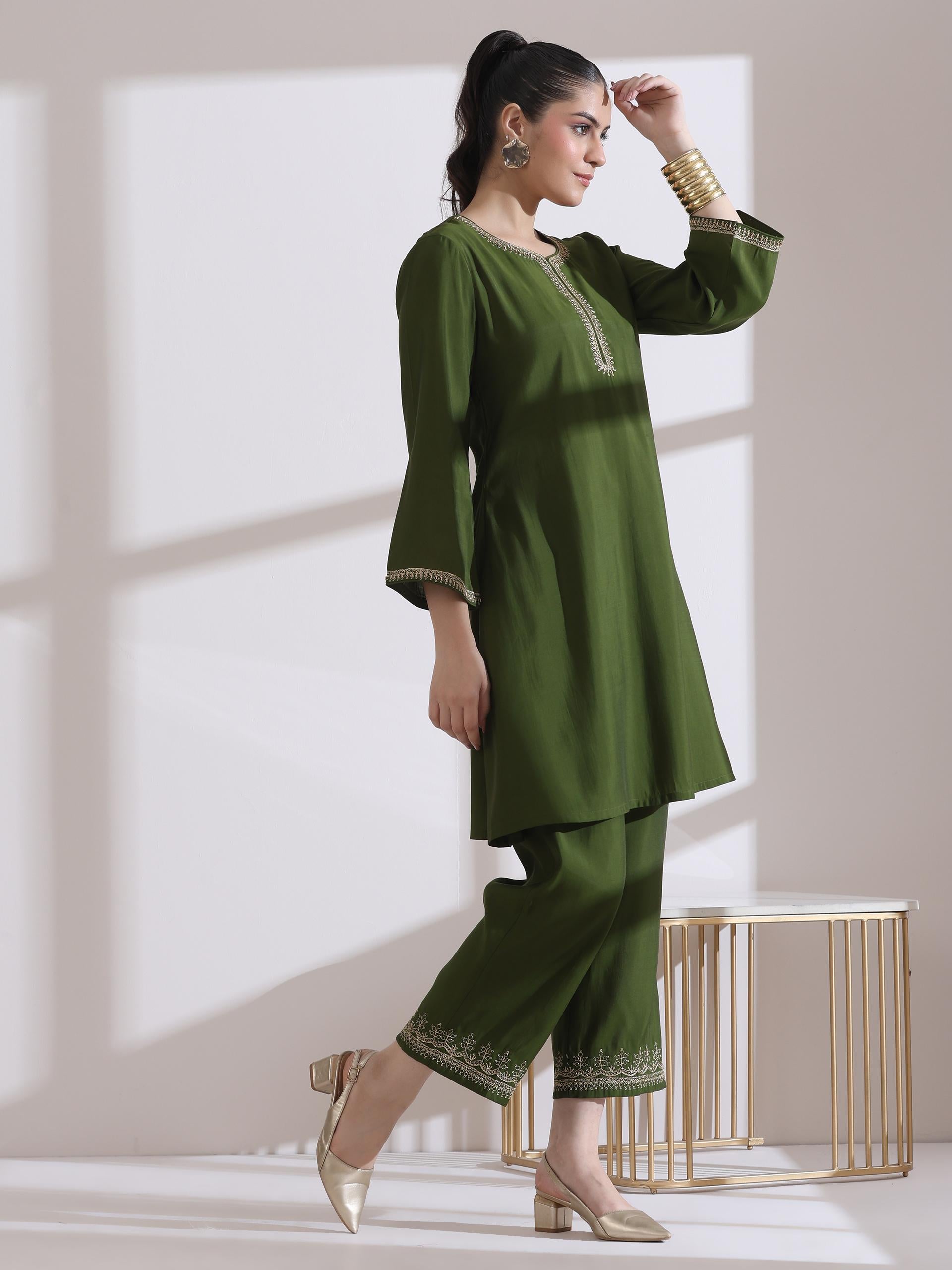 Women's Mehndi Green Kurta with Embroidery on Kurta and Pants 2 Piece Set | A-Line, Round Neck, 3/4 Sleeves, Work Wear, (AirSkin Cotton Silk Blend)