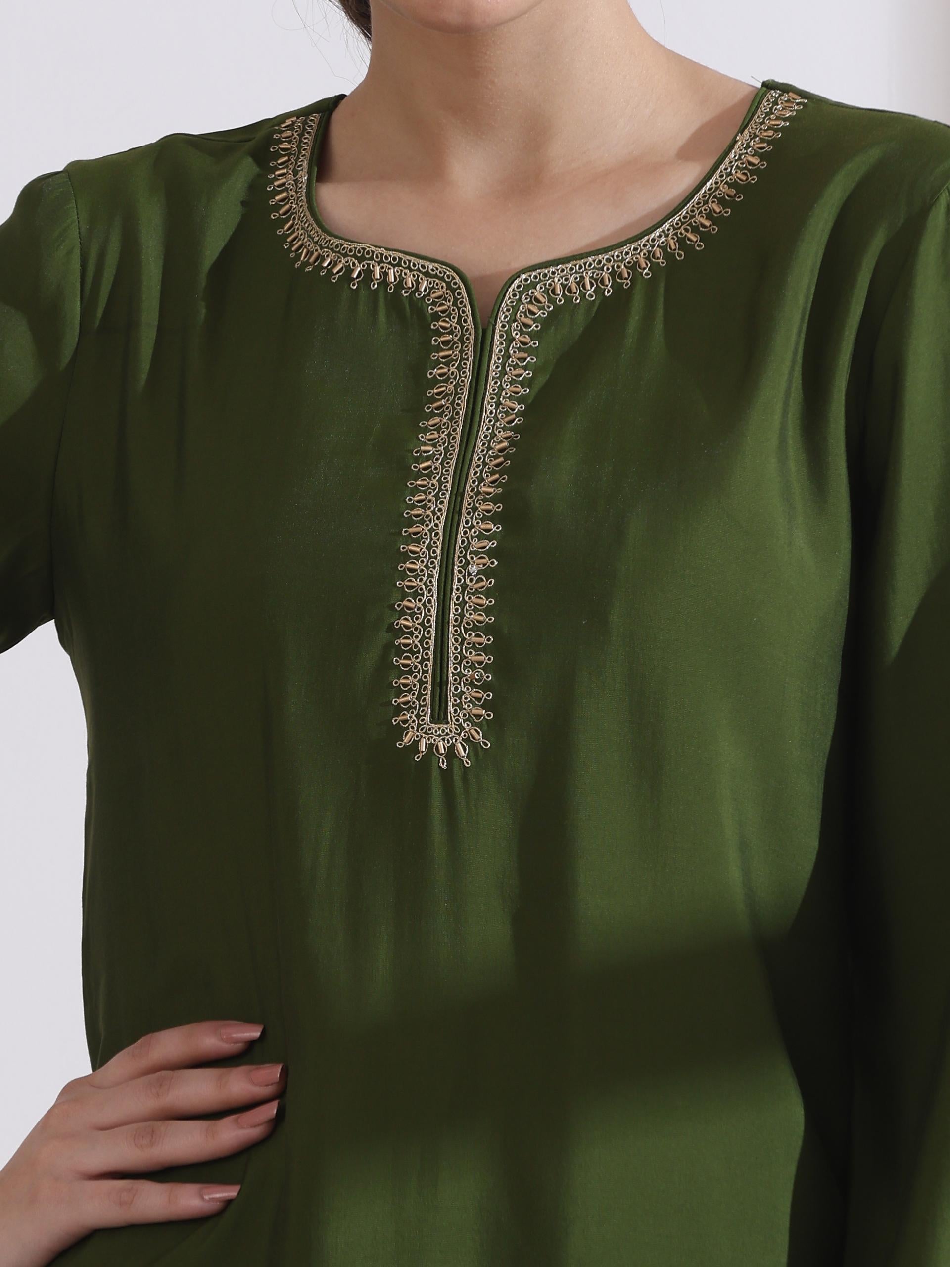 Women's Mehndi Green Kurta with Embroidery on Kurta and Pants 2 Piece Set | A-Line, Round Neck, 3/4 Sleeves, Work Wear, (AirSkin Cotton Silk Blend)