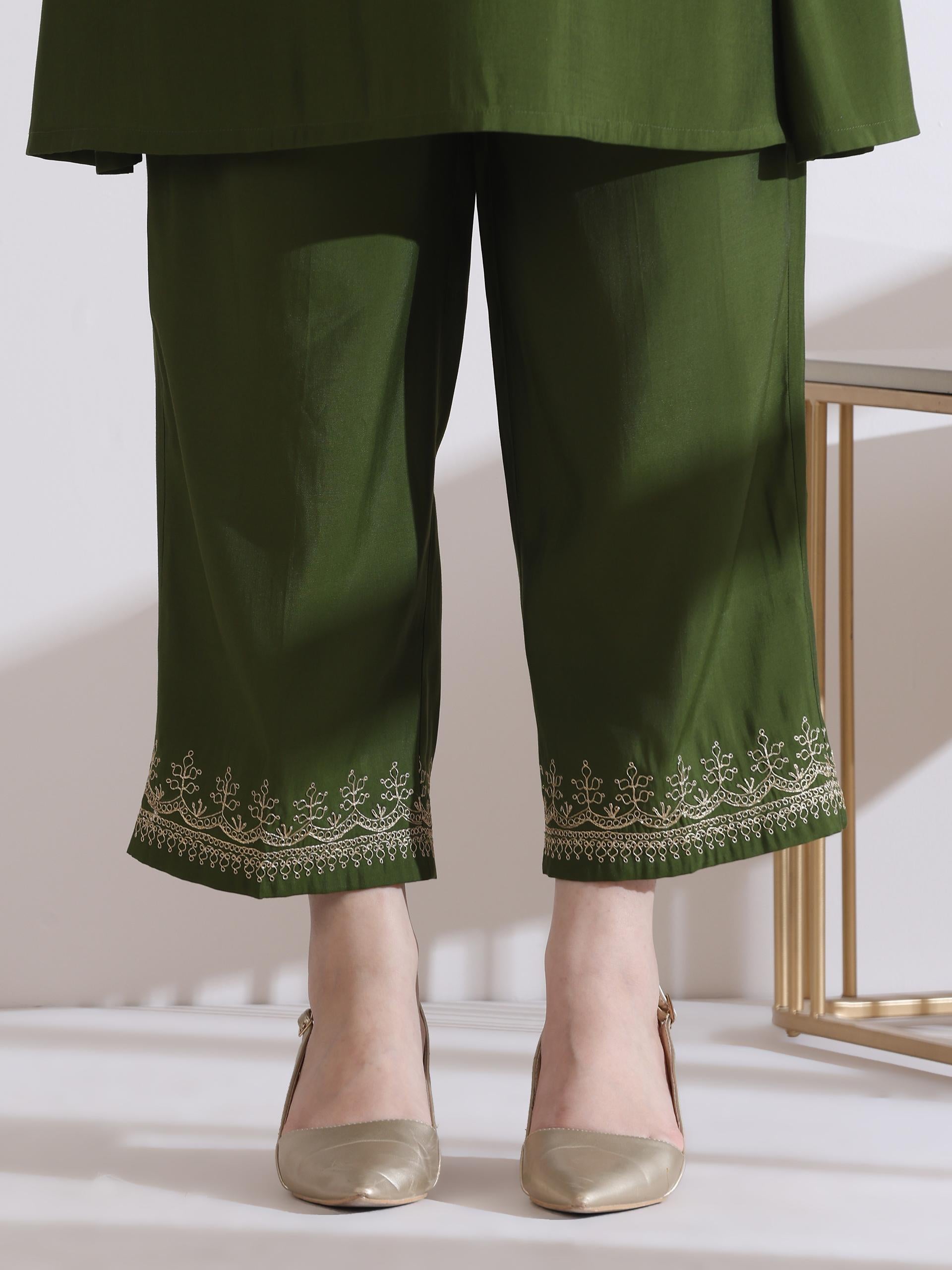 Women's Mehndi Green Kurta with Embroidery on Kurta and Pants 2 Piece Set | A-Line, Round Neck, 3/4 Sleeves, Work Wear, (AirSkin Cotton Silk Blend)