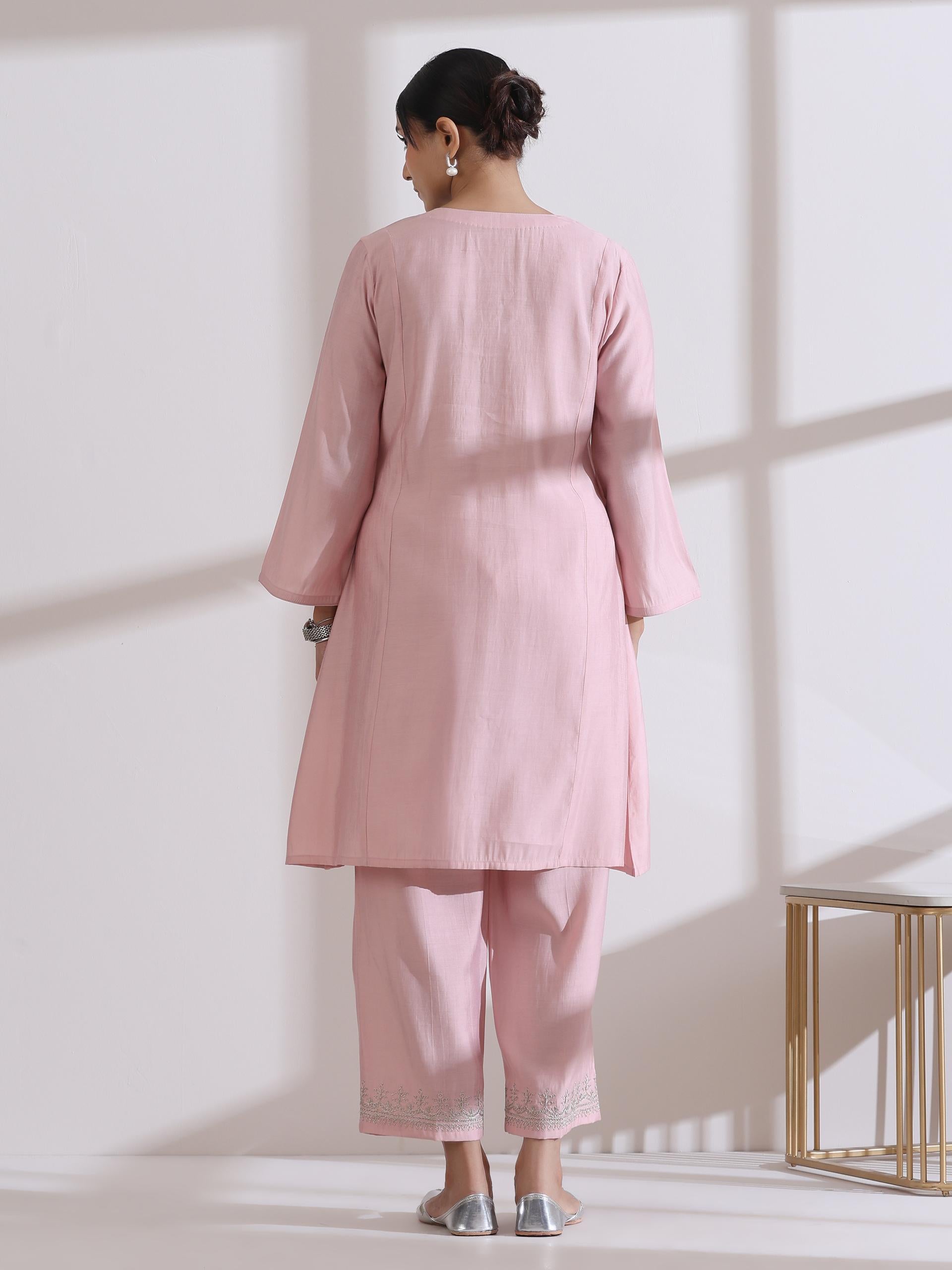 Women's Light Pink Kurta with Embroidery on Top and Pants 2 Piece Set | A-Line, Round Neck, 3/4 Sleeves, Workwear, Casual (AirSkin Cotton Silk Blend)