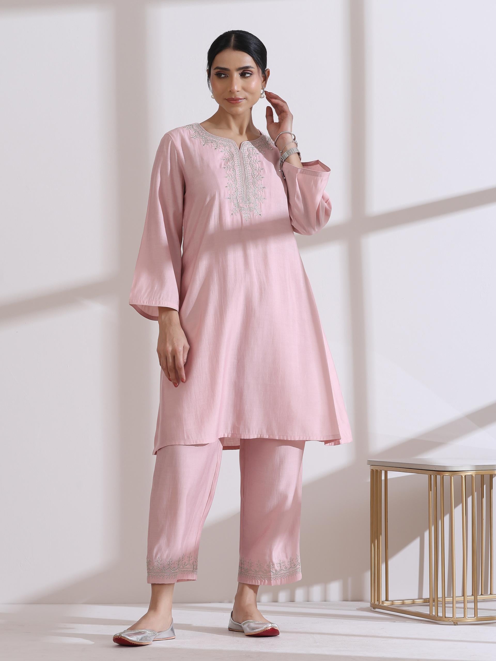 Women's Light Pink Kurta with Embroidery on Top and Pants 2 Piece Set | A-Line, Round Neck, 3/4 Sleeves, Workwear, Casual (AirSkin Cotton Silk Blend)