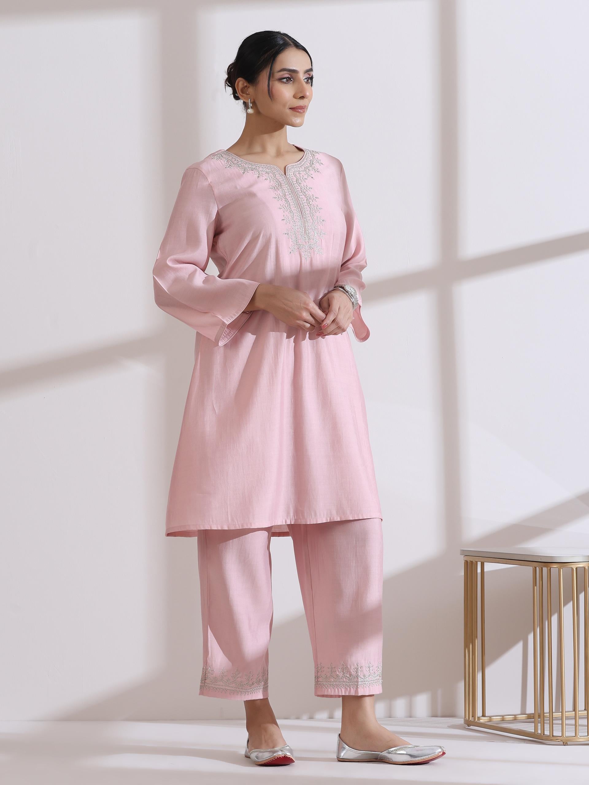 Women's Light Pink Kurta with Embroidery on Top and Pants 2 Piece Set | A-Line, Round Neck, 3/4 Sleeves, Workwear, Casual (AirSkin Cotton Silk Blend)