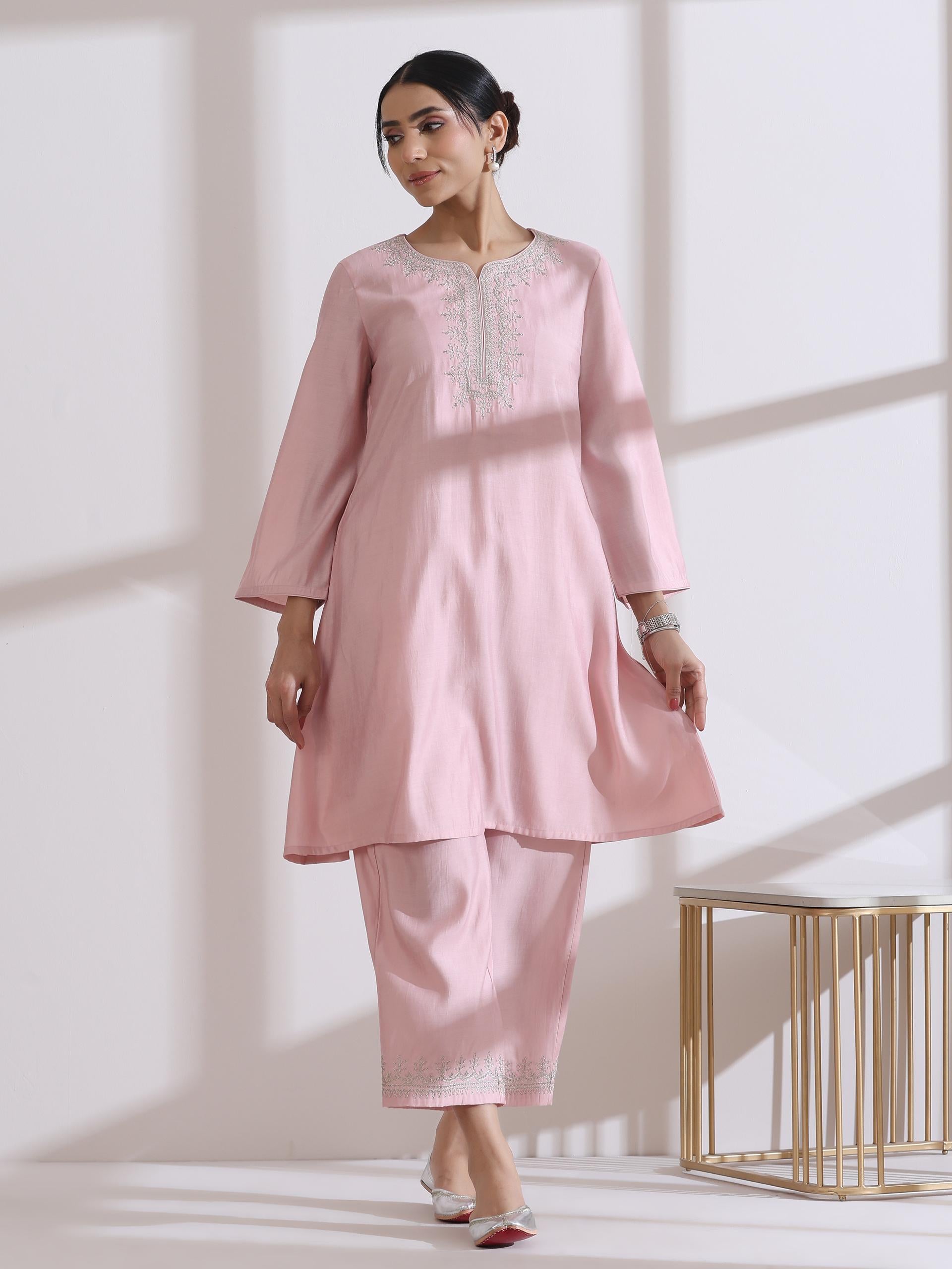 Women's Light Pink Kurta with Embroidery on Top and Pants 2 Piece Set | A-Line, Round Neck, 3/4 Sleeves, Workwear, Casual (AirSkin Cotton Silk Blend)