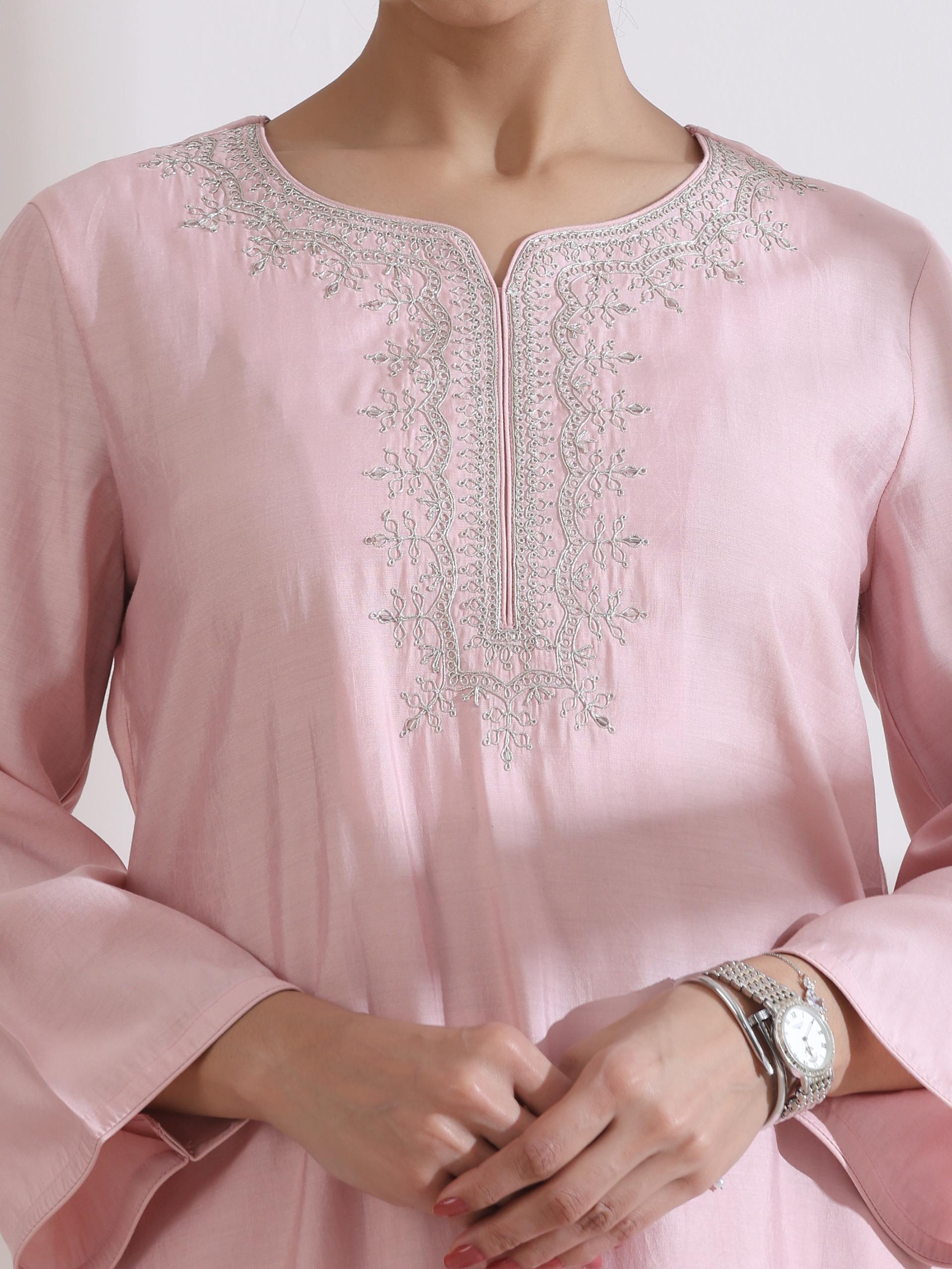 Women's Light Pink Kurta with Embroidery on Top and Pants 2 Piece Set | A-Line, Round Neck, 3/4 Sleeves, Workwear, Casual (AirSkin Cotton Silk Blend)