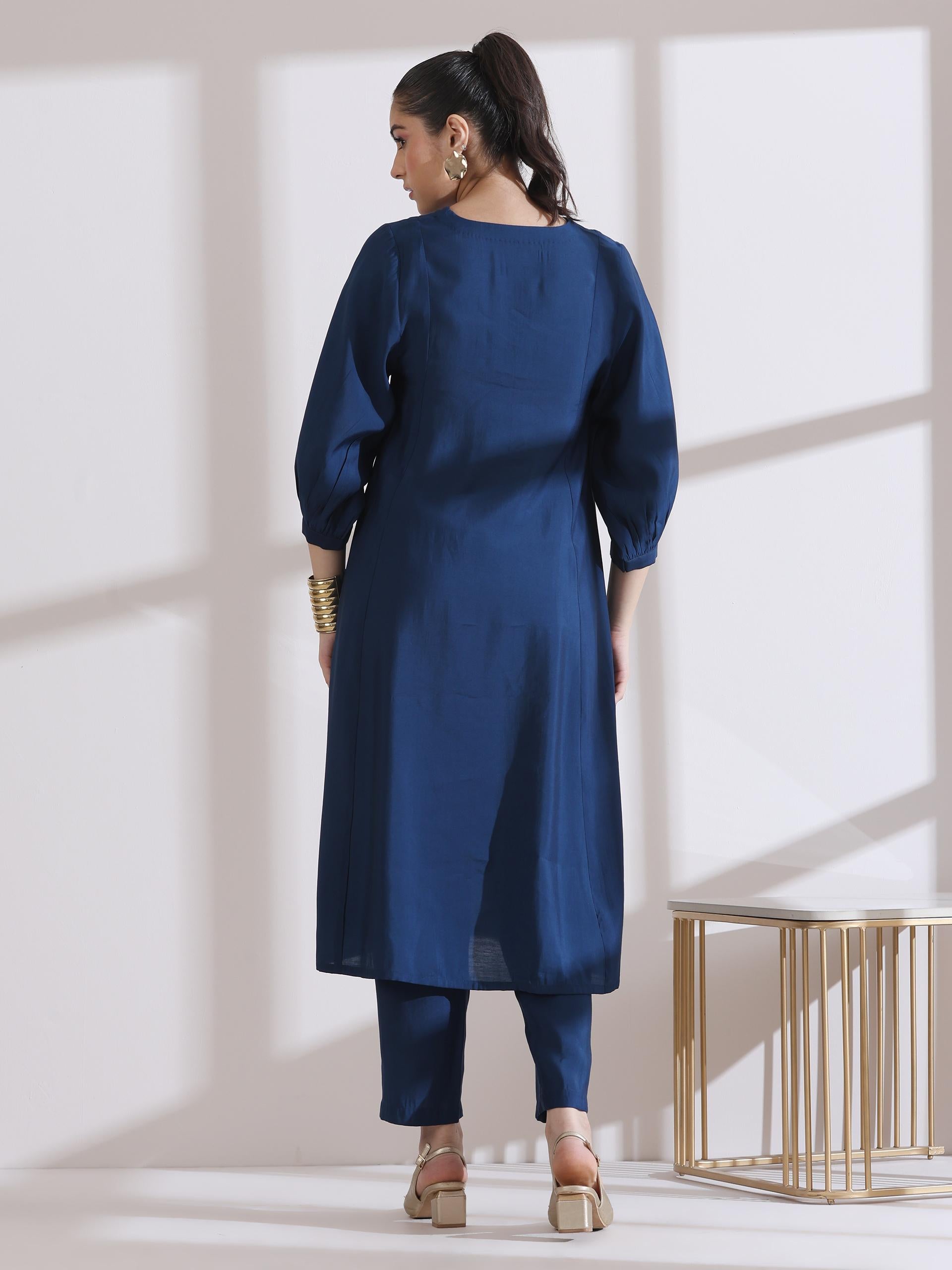 Women's Navy Blue Kurta with Girl Embroidery and Pants 2 Piece Set | A-Line, V Neck, 3/4 Sleeves, Work Wear, (AirSkin Cotton Silk Blend)