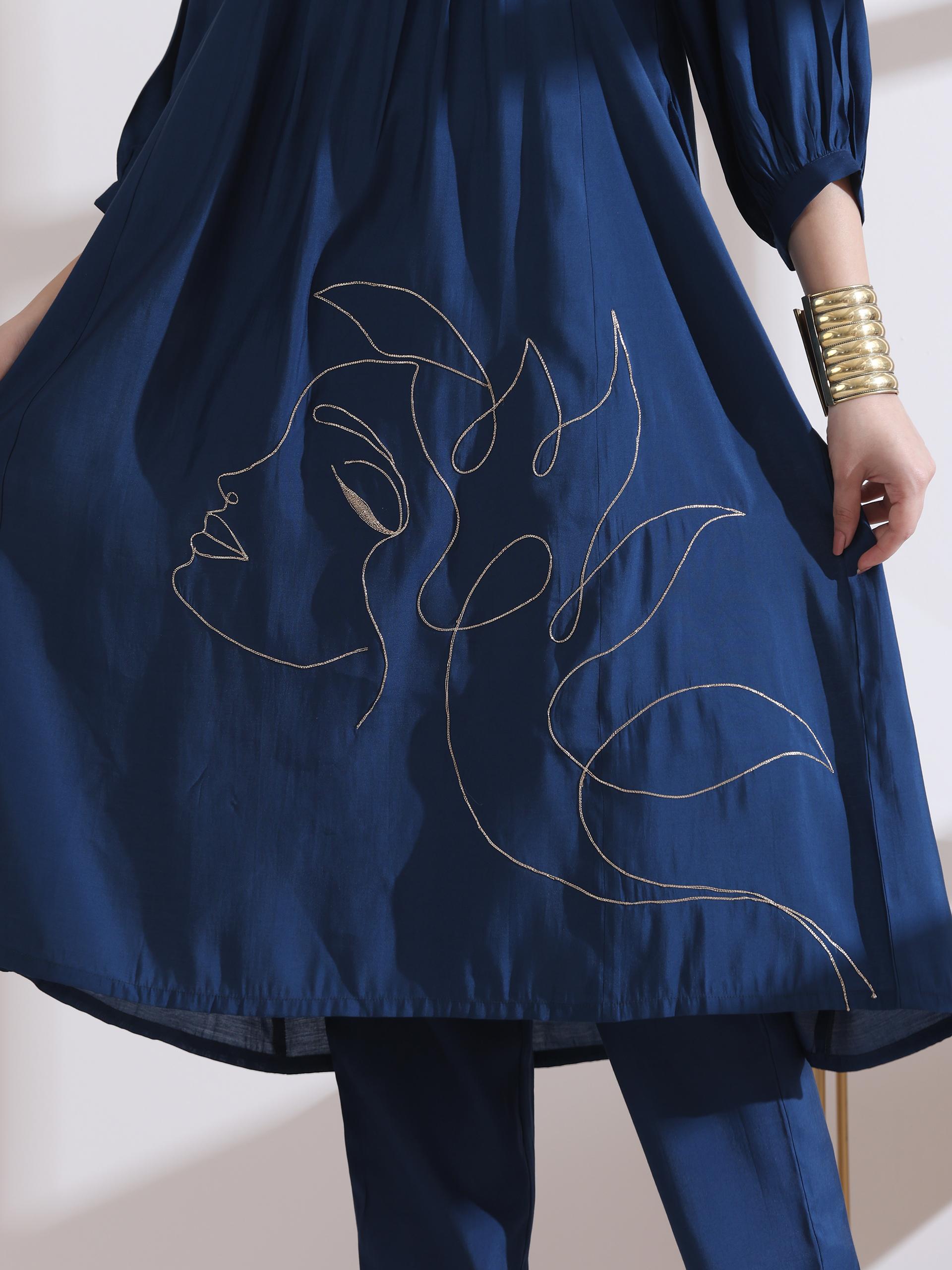 Women's Navy Blue Kurta with Girl Embroidery 1 Piece | A-Line, V Neck, 3/4 Sleeves, Work Wear, (AirSkin Cotton Silk Blend)
