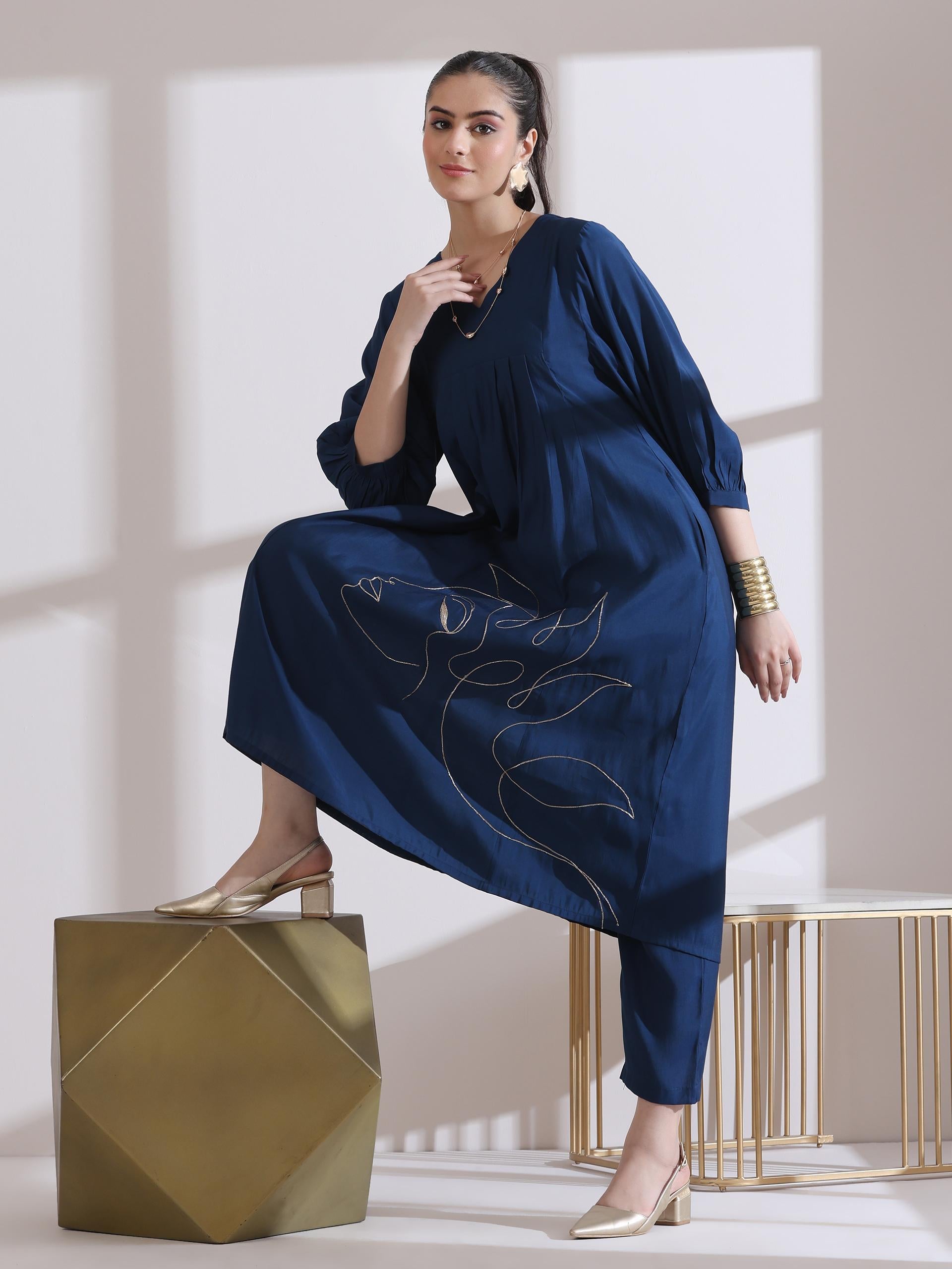 Women's Navy Blue Kurta with Girl Embroidery 1 Piece | A-Line, V Neck, 3/4 Sleeves, Work Wear, (AirSkin Cotton Silk Blend)