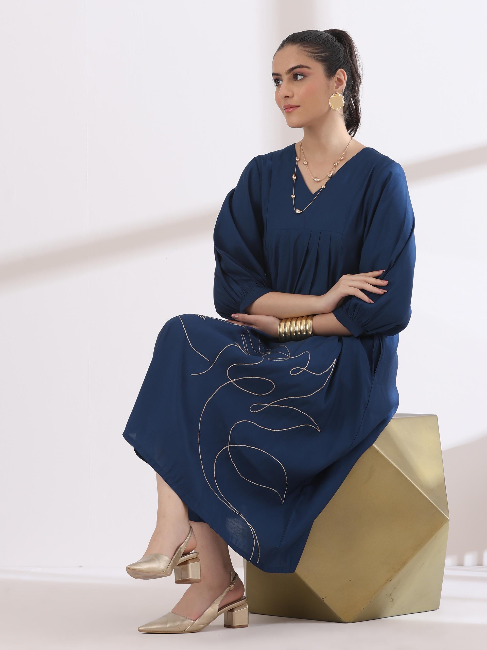 Women's Navy Blue Kurta with Girl Embroidery 1 Piece | A-Line, V Neck, 3/4 Sleeves, Work Wear, (AirSkin Cotton Silk Blend)