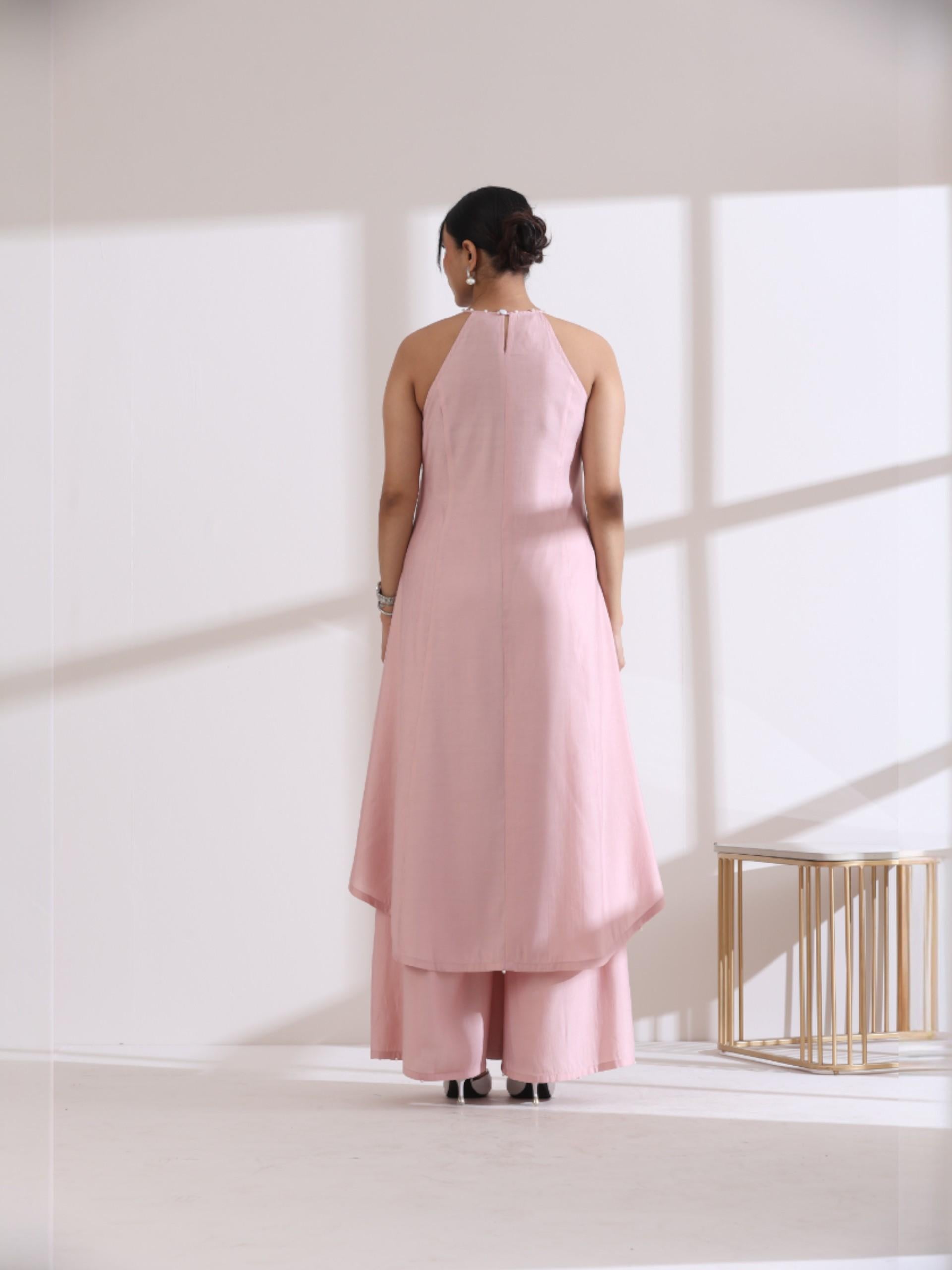 Women's Pink Halter Kurta with Pearls and Palazzo Pants 2 Piece Set | Straight Fit, Halter Neck, Sleeveless, Partywear, Casual (AirSkin Cotton Silk Blend)