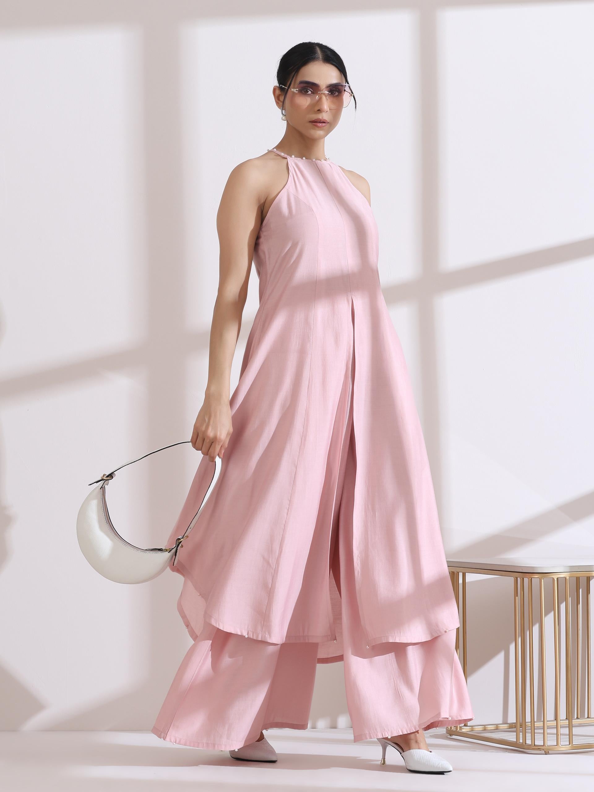 Women's Pink Halter Kurta with Pearls and Palazzo Pants 2 Piece Set | Straight Fit, Halter Neck, Sleeveless, Partywear, Casual (AirSkin Cotton Silk Blend)