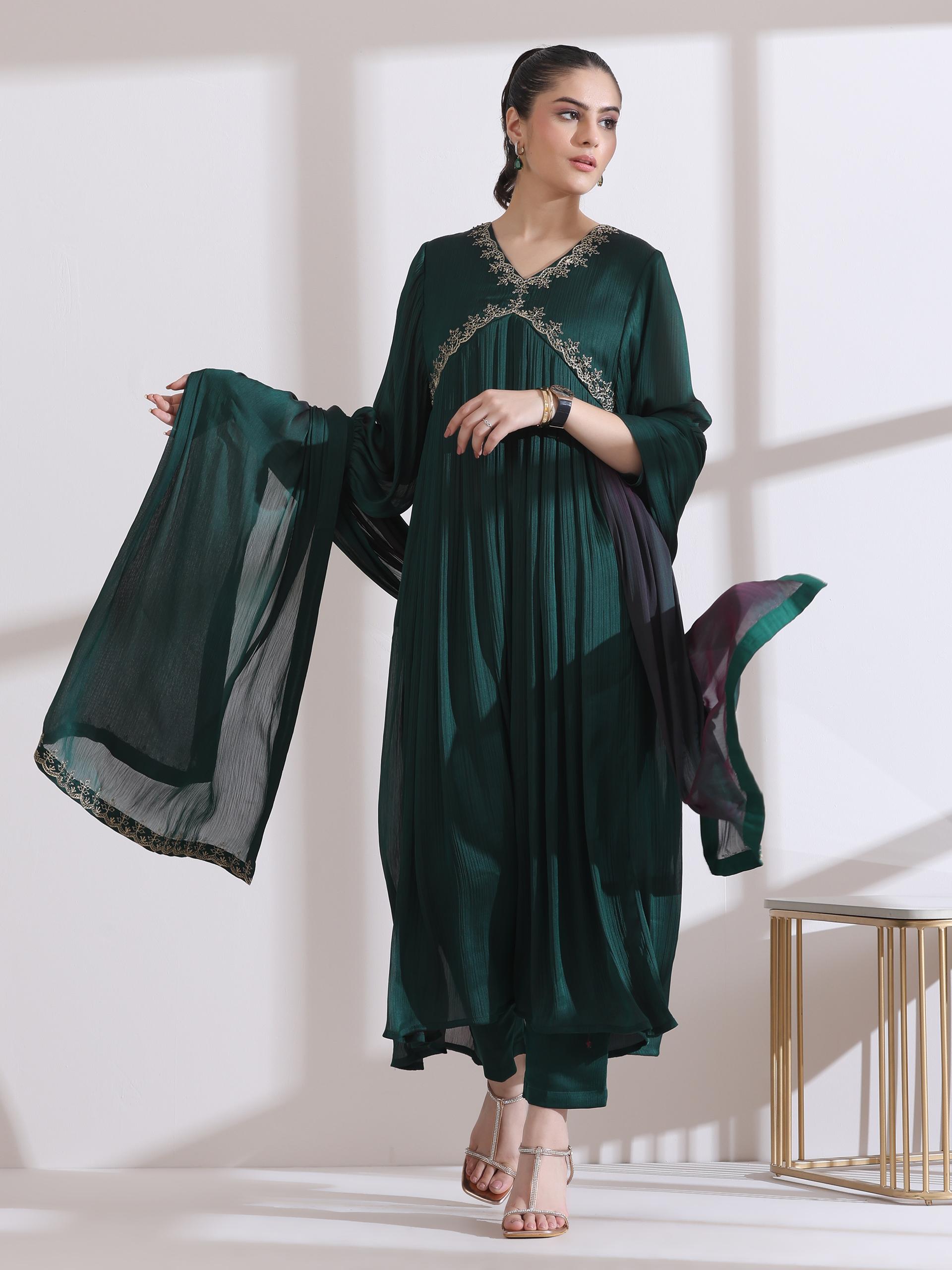 Women's Dual Shade Emerald Butter Chiffon Embroidered Kurta with Matching Pants and Dupatta 3 Piece Set | Straight Fit, Round Neck, 3/4 Sleeves, Dupatta, Festive Wear