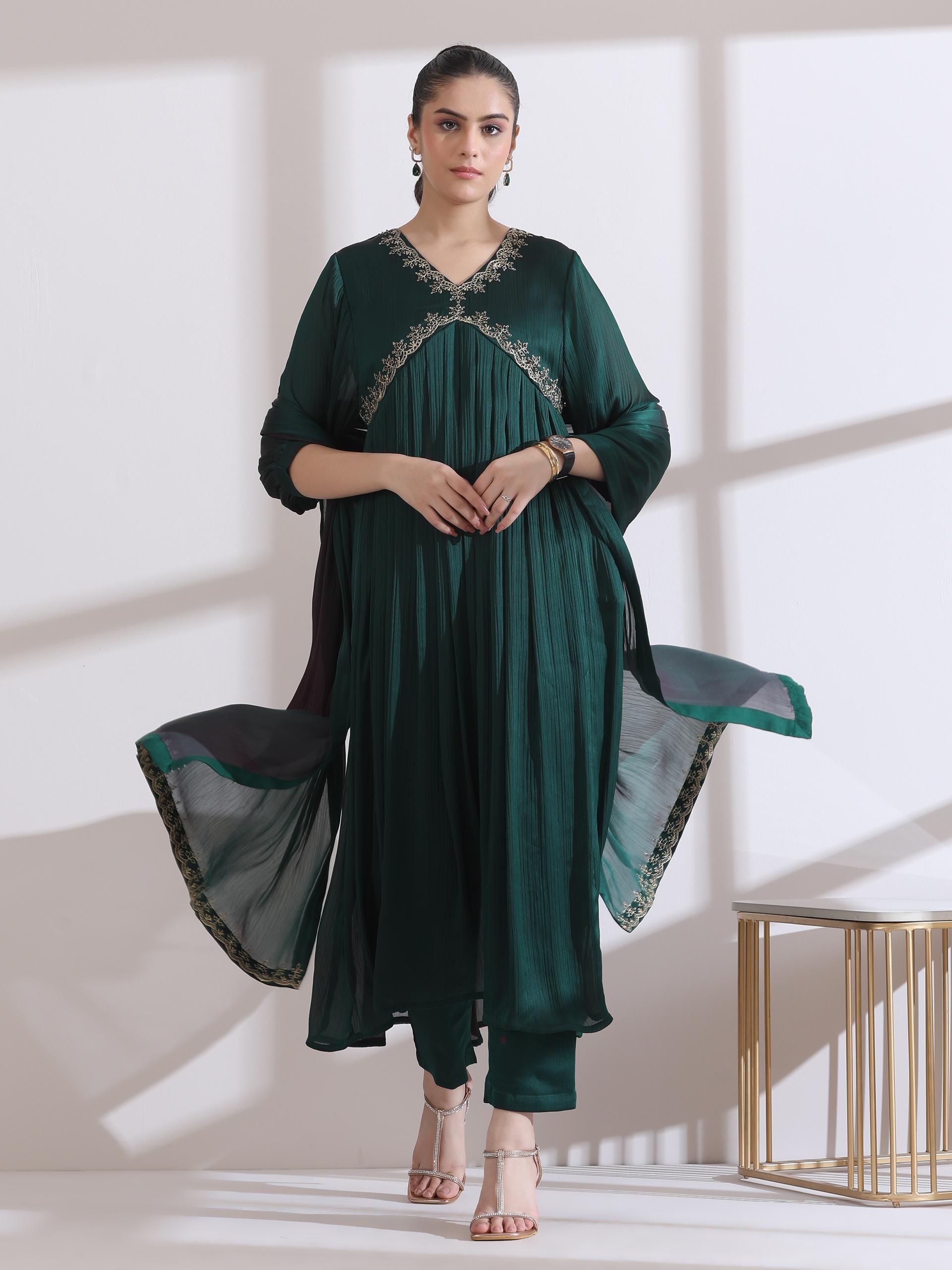 Women's Dual Shade Emerald Butter Chiffon Embroidered Kurta with Matching Pants and Dupatta 3 Piece Set | Straight Fit, Round Neck, 3/4 Sleeves, Dupatta, Festive Wear