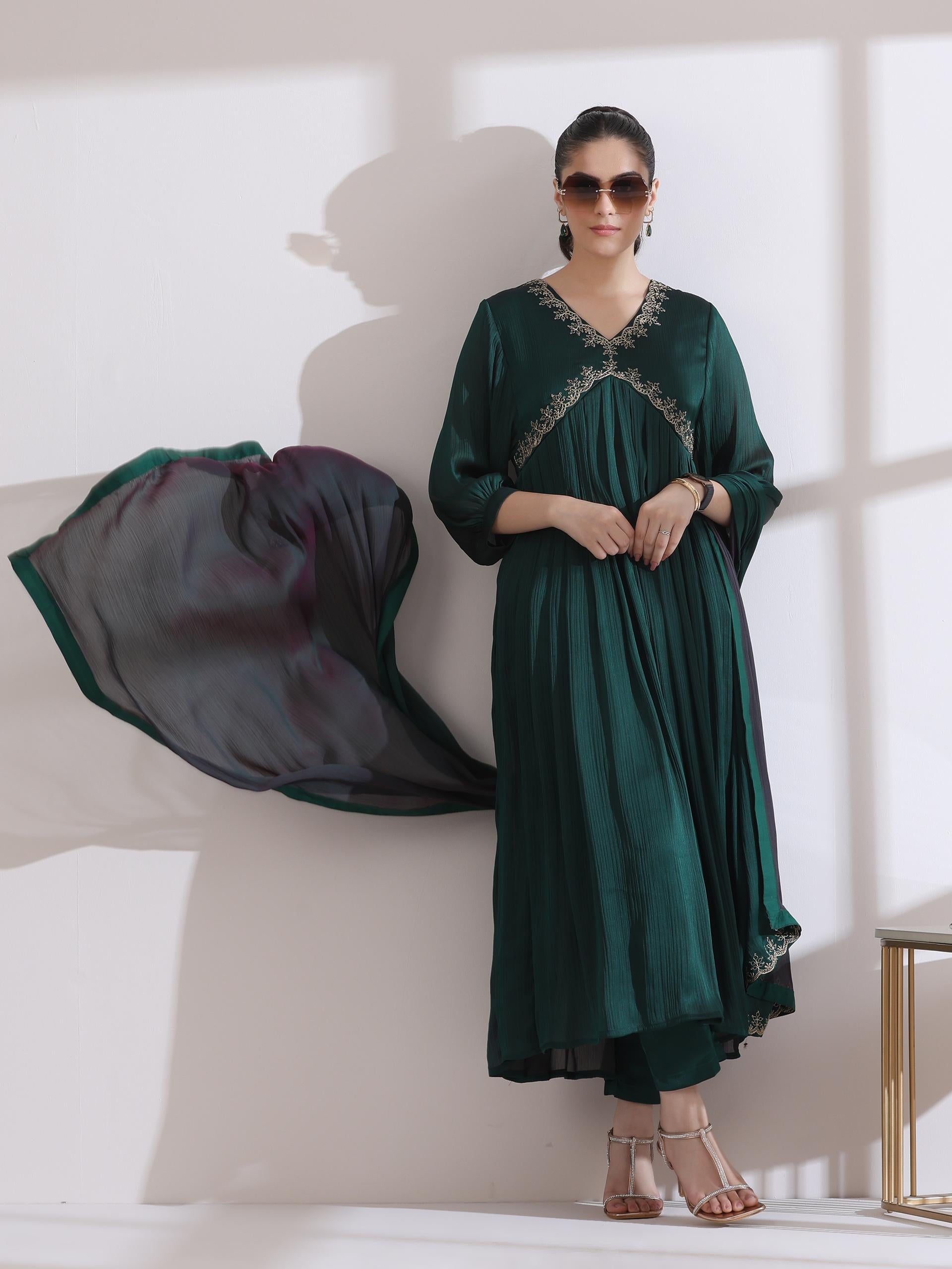 Women's Dual Shade Emerald Butter Chiffon Embroidered Kurta with Matching Pants and Dupatta 3 Piece Set | Straight Fit, Round Neck, 3/4 Sleeves, Dupatta, Festive Wear