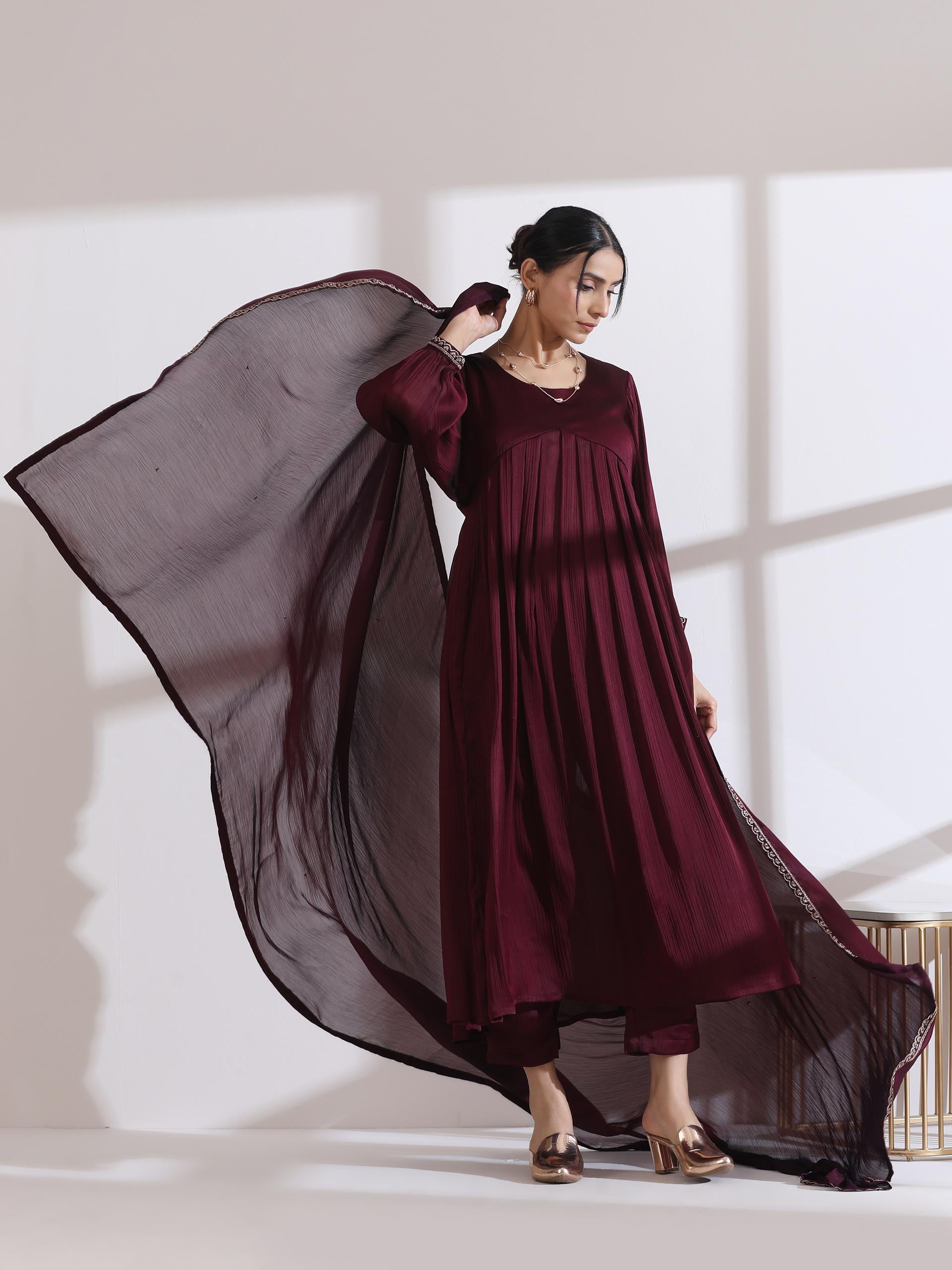 3 Pc Set - Dual Shade Maroon Butter Chiffon Anarkali Kurta With Matching Pants And Embroidered Dupatta