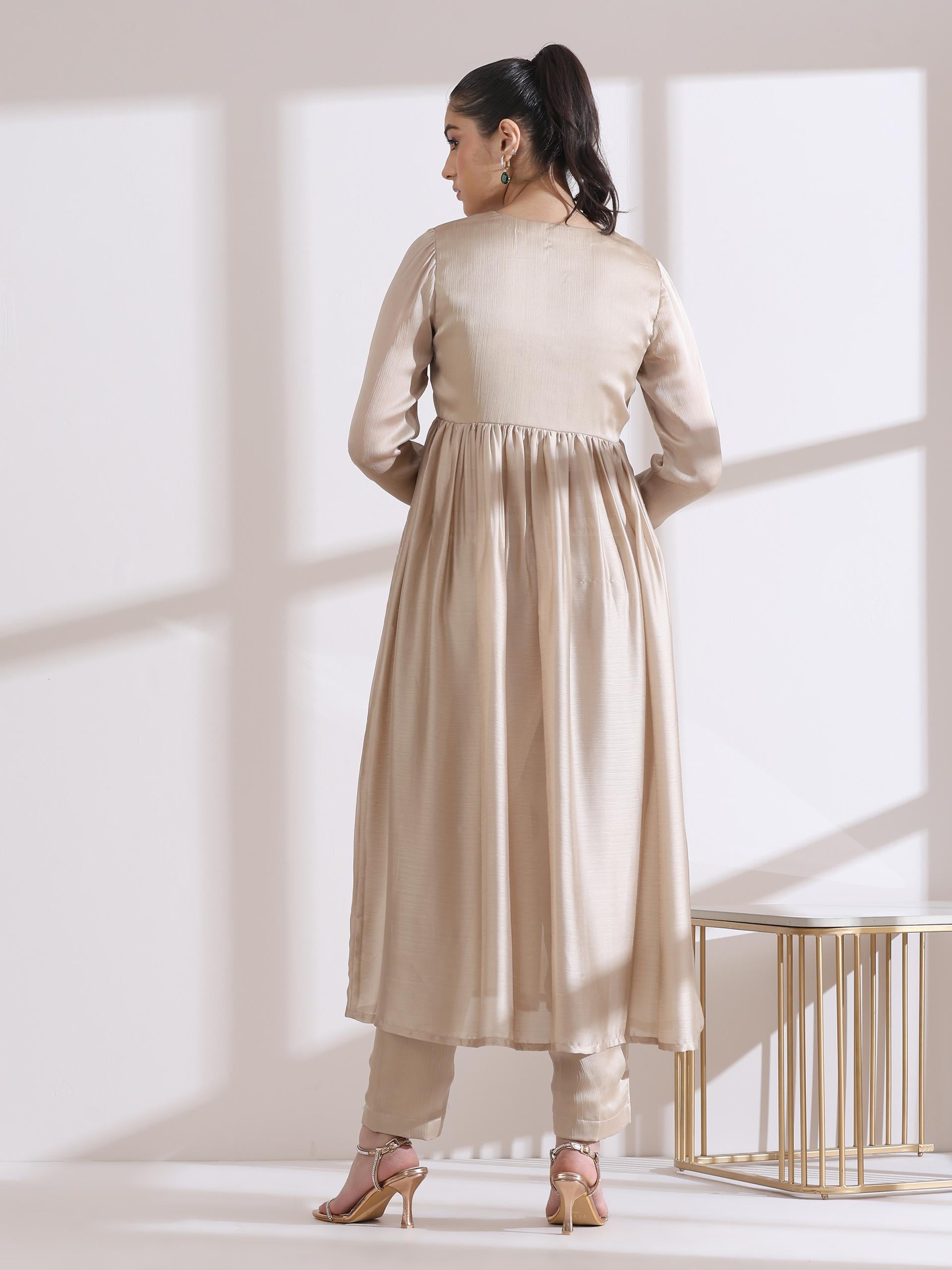 3 Pc Set - Bare Bling Butter Chiffon Anarkali Suit With Embroidery Beads With Matching Pants And Dupatta