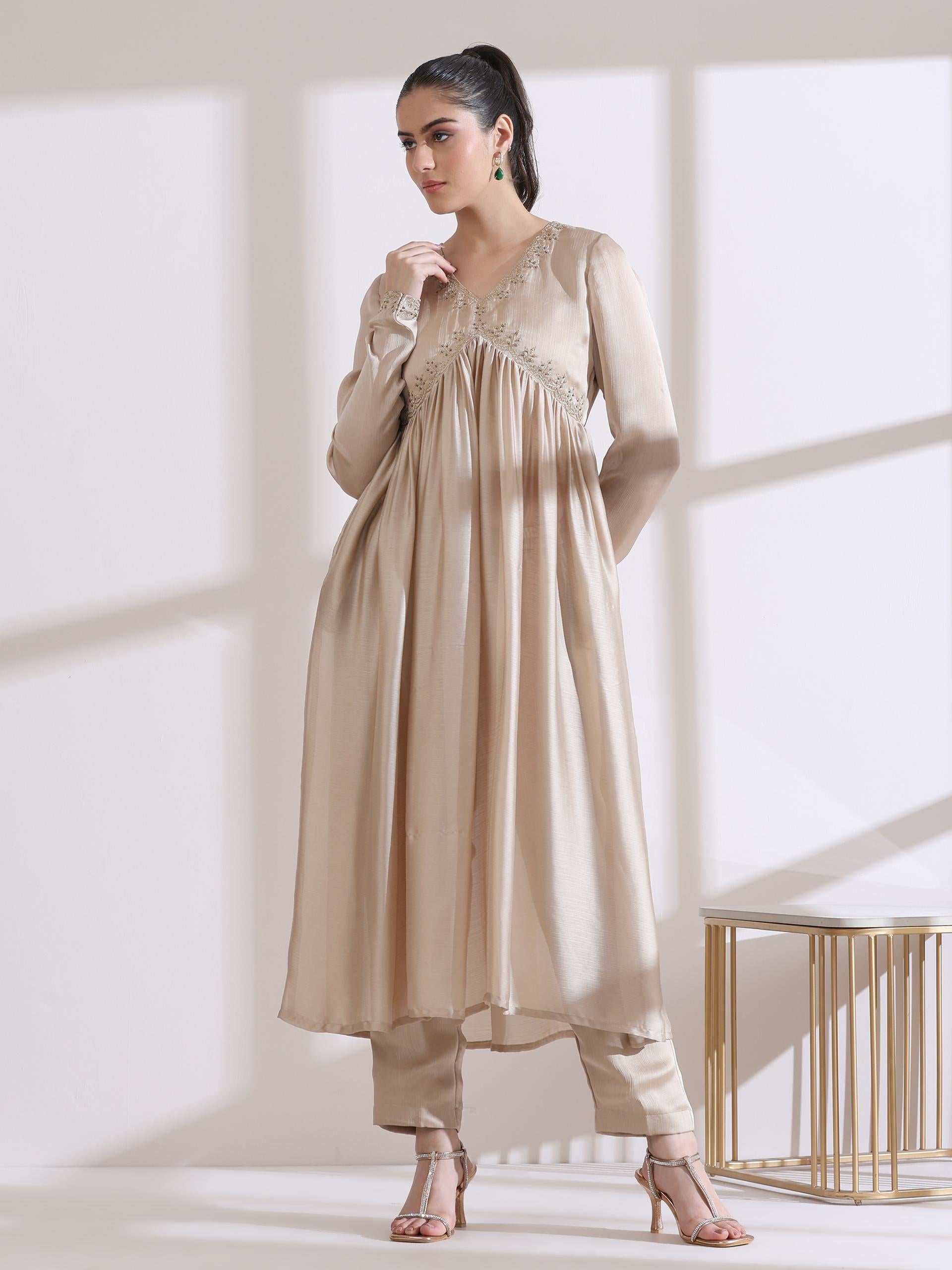 3 Pc Set - Bare Bling Butter Chiffon Anarkali Suit With Embroidery Beads With Matching Pants And Dupatta