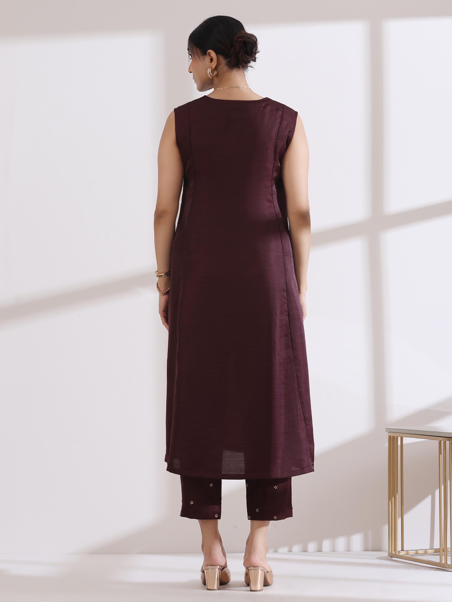 Women's Chocolate Sleeveless Kurta with Beads and Pants 2 Piece Set | Straight Fit, V Neck, Sleeveless, Pants, Work Wear, Casual Wear, (Lux Fabric)