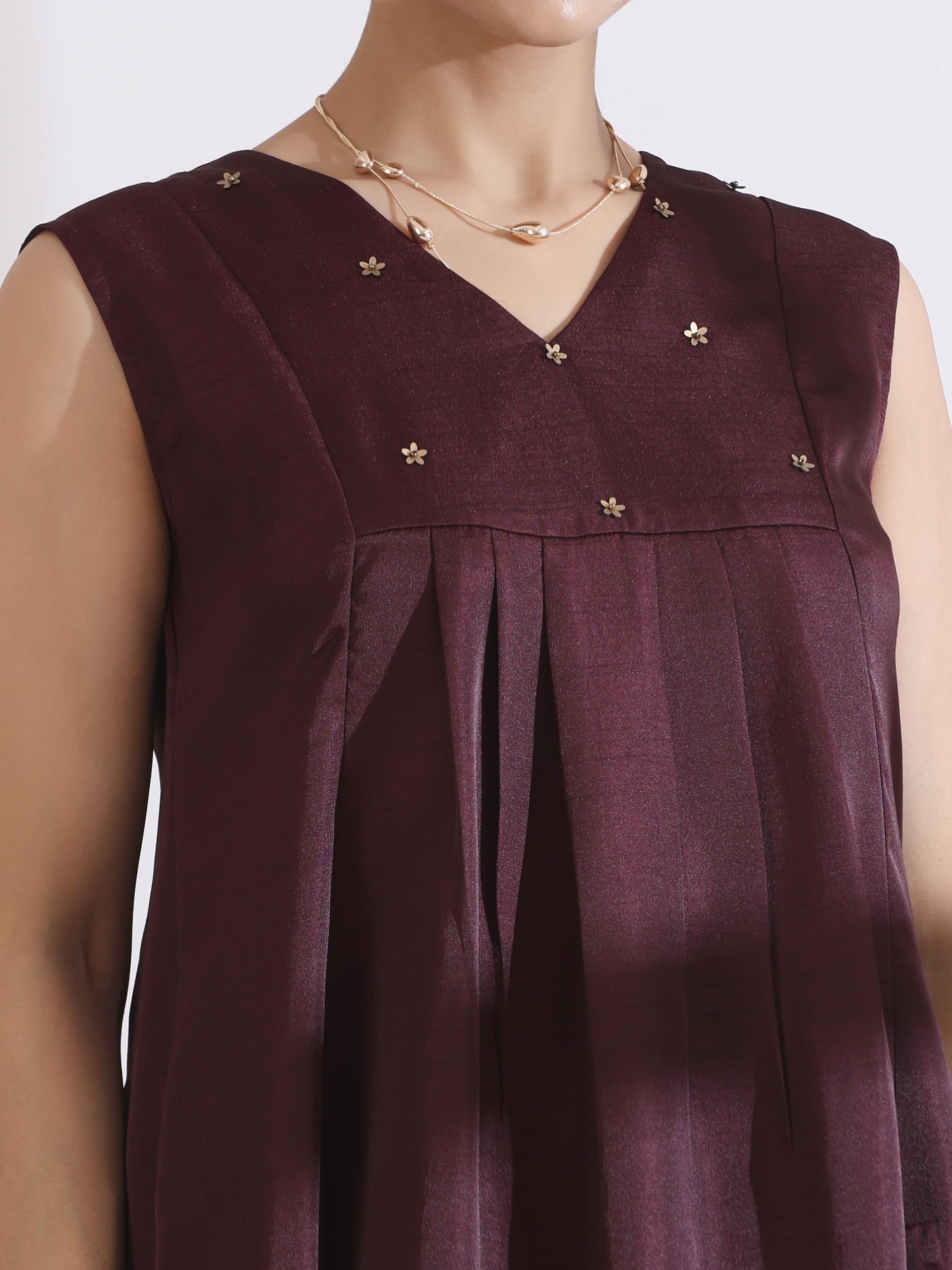 Women's Chocolate Sleeveless Kurta with Beads and Pants 2 Piece Set | Straight Fit, V Neck, Sleeveless, Pants, Work Wear, Casual Wear, (Lux Fabric)