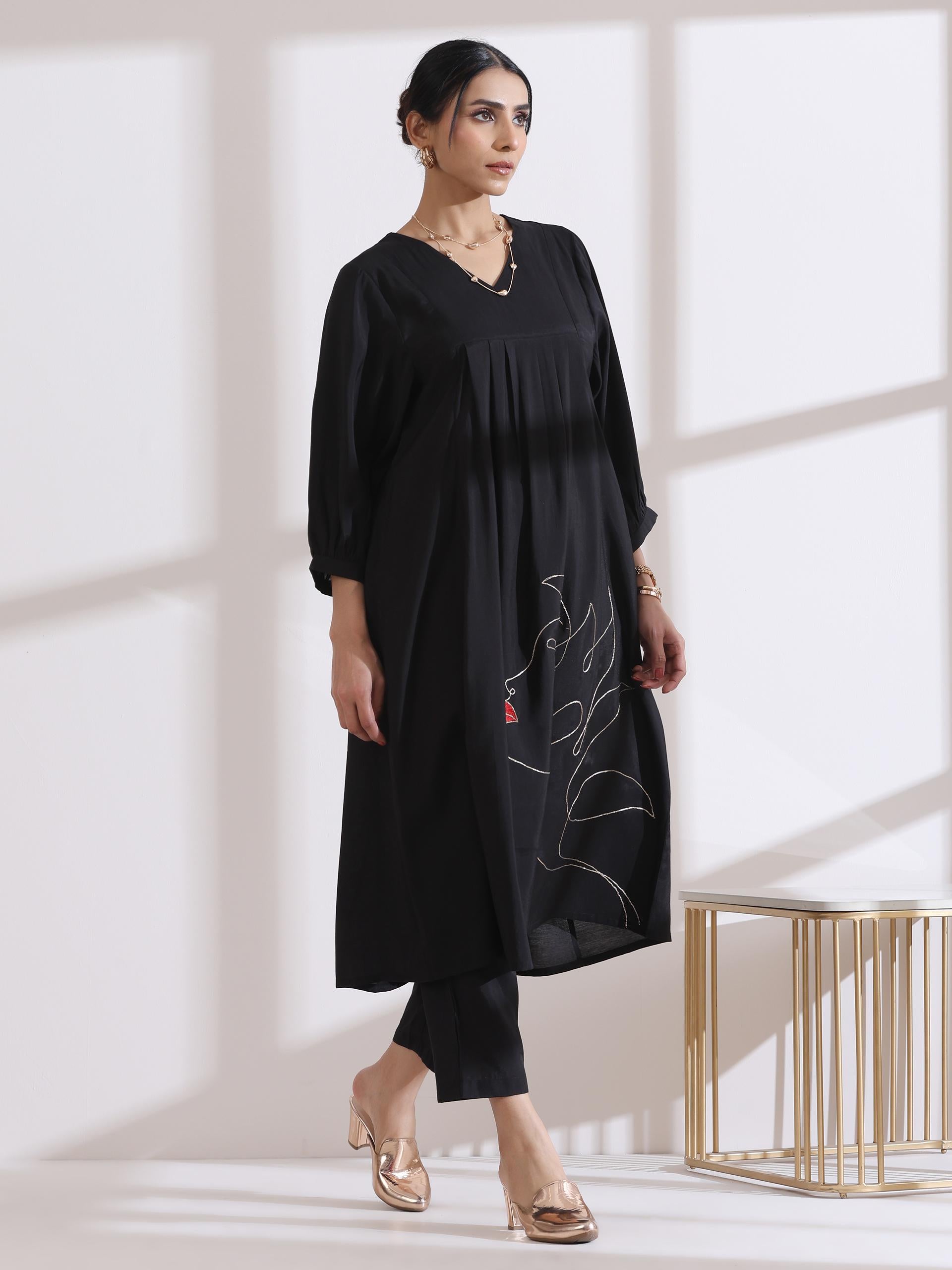 Women's Black Kurta with Girl Embroidery 1 Piece | Straight Fit, V Neck, 3/4 Sleeves, Work Wear, (AirSkin Cotton Silk Blend)