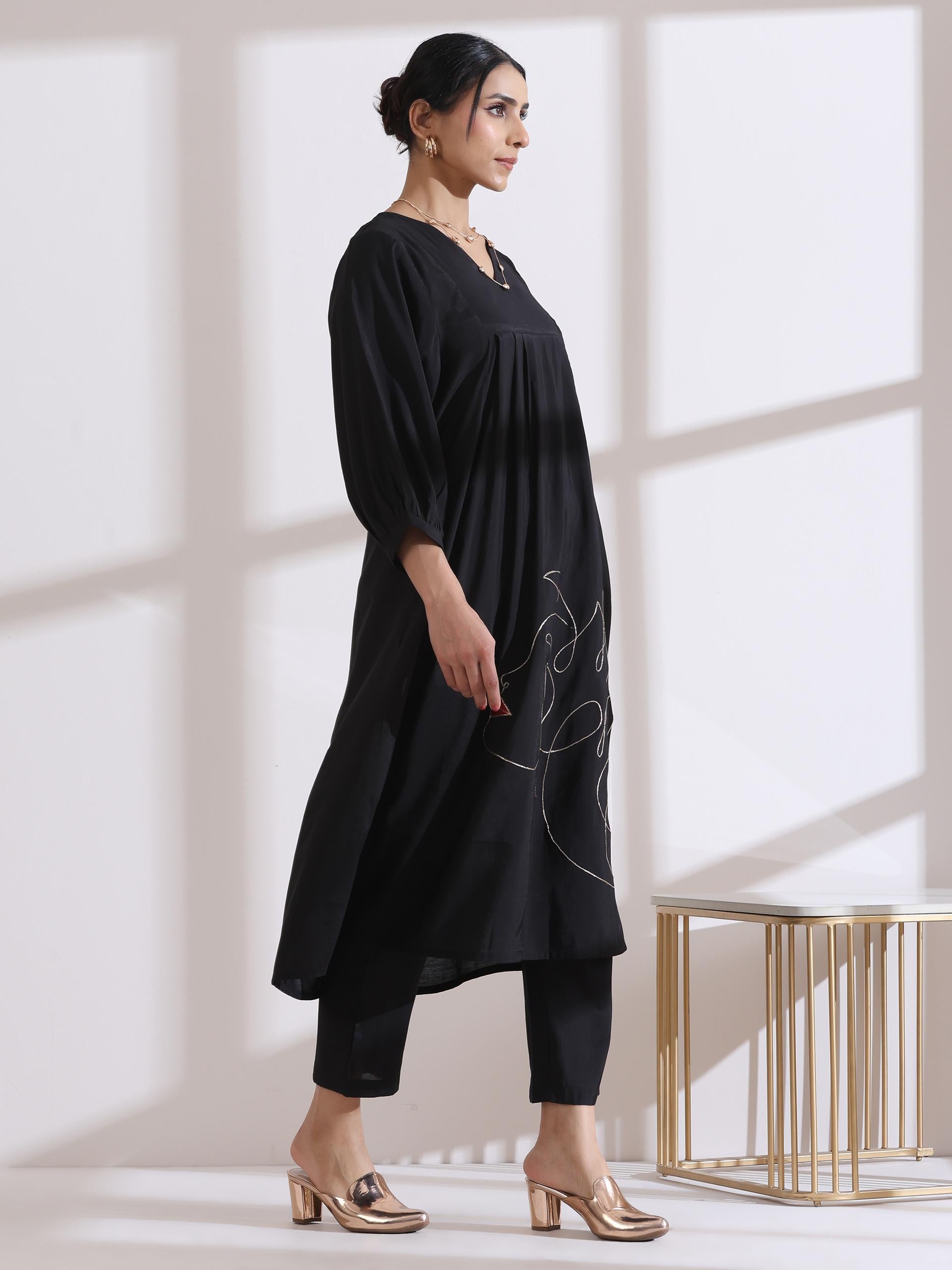 Women's Black Kurta with Girl Embroidery 1 Piece | Straight Fit, V Neck, 3/4 Sleeves, Work Wear, (AirSkin Cotton Silk Blend)
